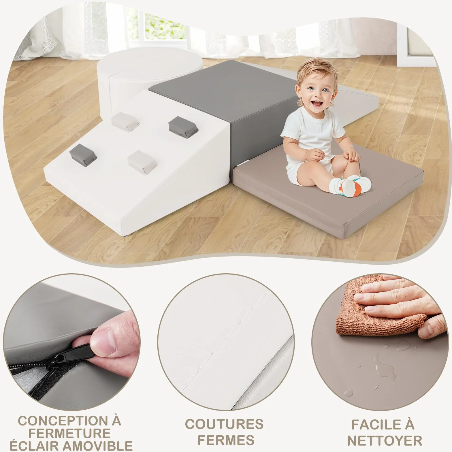 DREAMADE Parcours de Motricité Bebe en Mousse EPE, Bloc de Construction avec Housse, Jeux d’Escalade pour Enfants 1+ an (Gris)