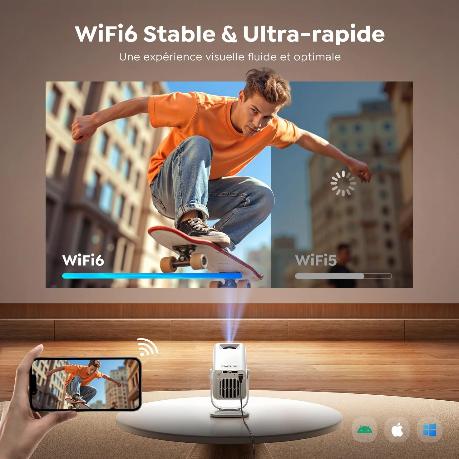TOPTRO Mini Projecteur 4K Android 14 WiFi6 Bluetooth 5.4 1080P FHD Portable Home Cinéma