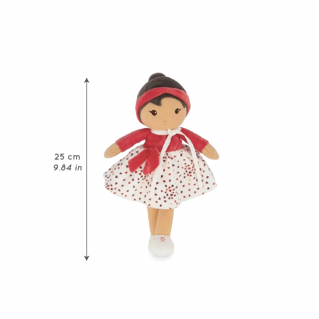 KALOO Tendresse Ma 1ère Poupée en Tissu Emilie 25 cm Jupe Micro Velours Cache-cœur Rouge Boite Cadeau Dès la Naissance
