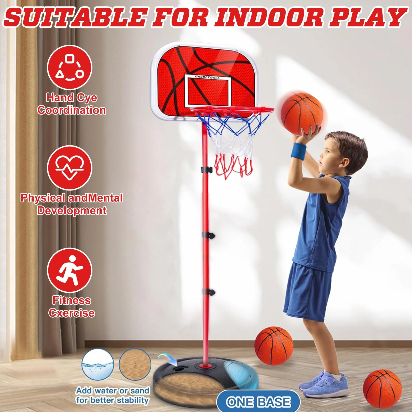 Panier de Basket Enfant avec Hauteur Réglable 50-150 cm - 3 Ballons + Pompe Inclus - Jouet Sportif pour Enfants 3-8 Ans