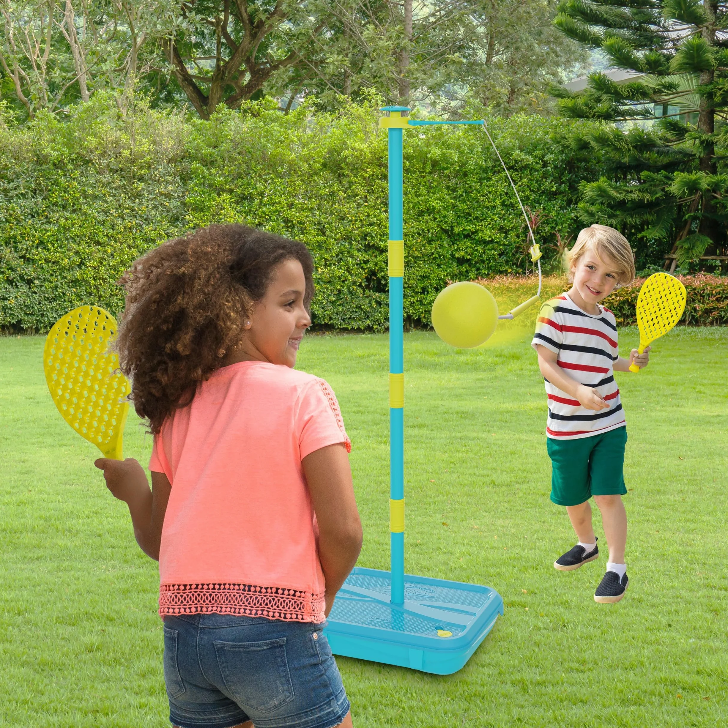 Swingball Early Fun Jeu Swingball Tout Terrain Raquettes Légères Balle Mousse Tête Spirale Anti-Emmêlement Socle Stable Bleu