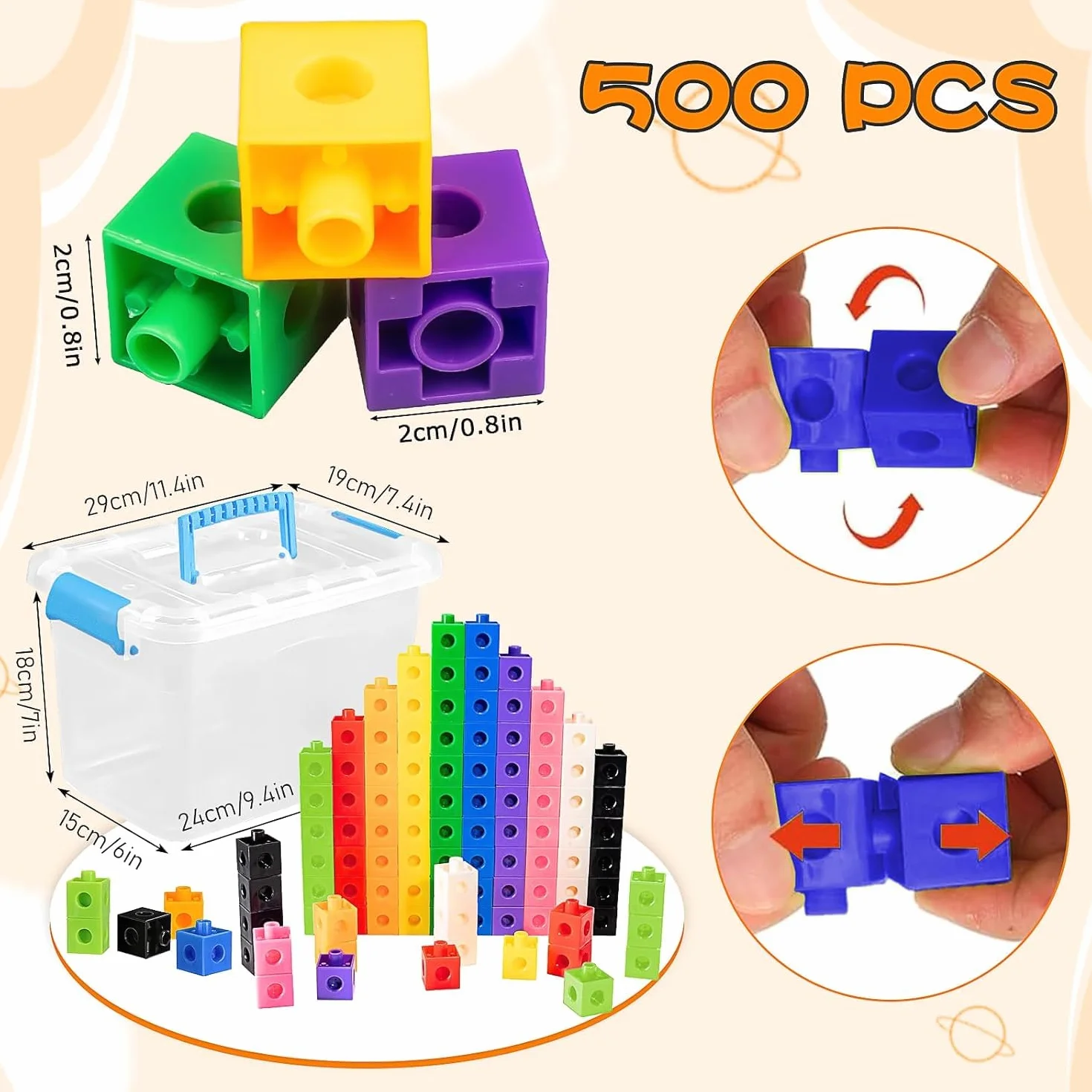 MALLOOM 500 Pcs Math Learning Linking Cube Counting Cubes Colorful Plastic Blocks Classroom Supplies