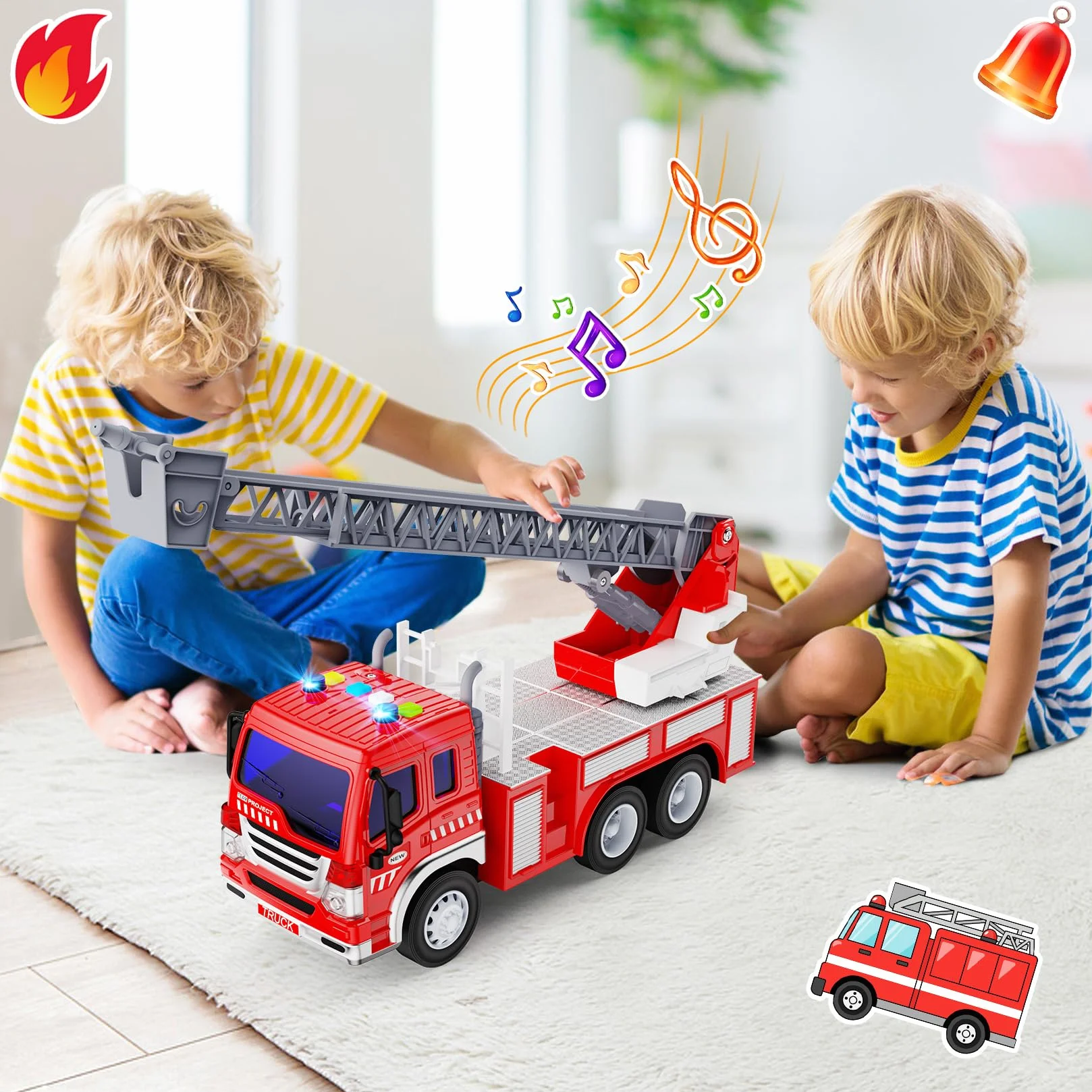 Gros Camion Pompier Jouet XXL avec Échelle Sonore et Lumineux, Fire Truck Cadeau Anniversaire Enfant 3-8 Ans Rouge