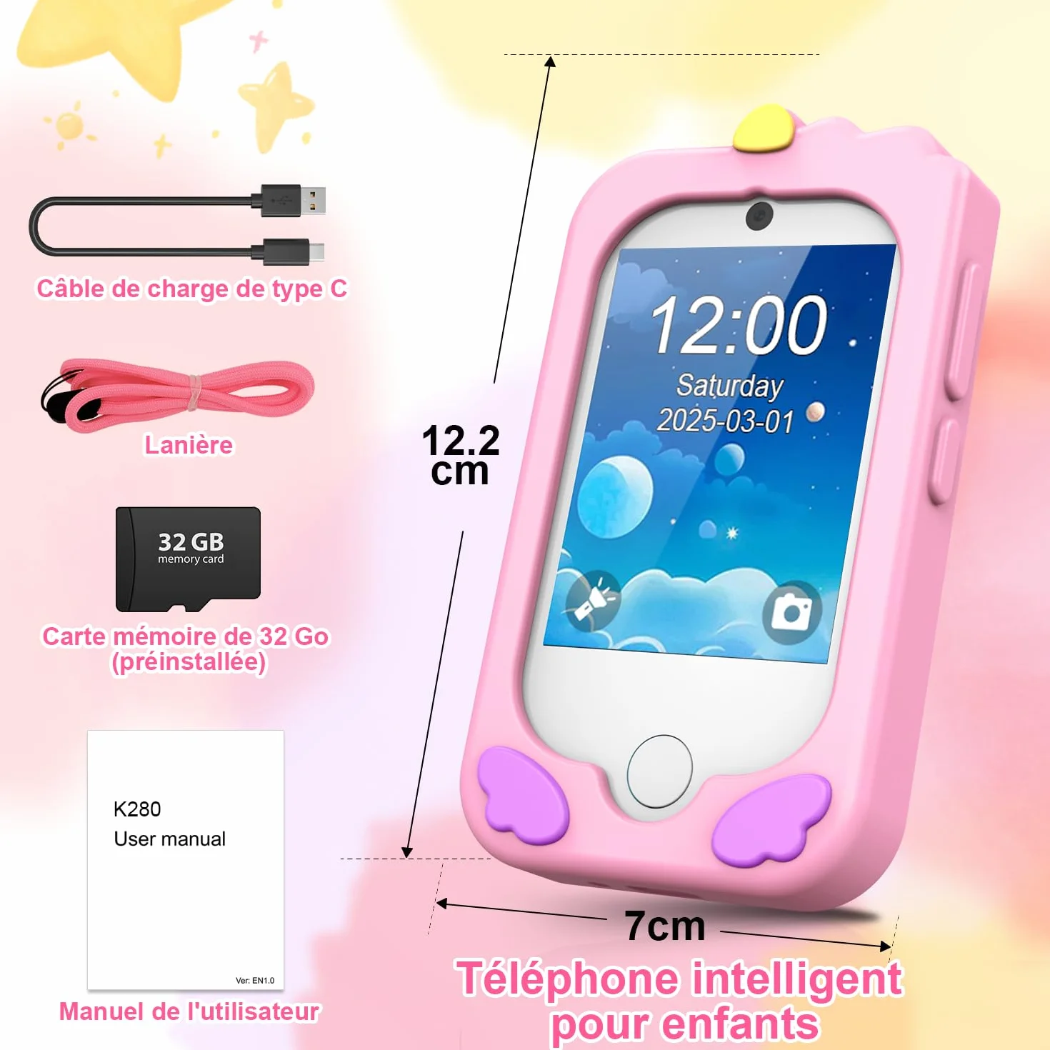 CHAKEYAKE Telephone Enfant avec Double Caméra, 2,8" Tactile écran, 32GB Carte, Jouet Apprentissage pour Filles 3-10 Ans