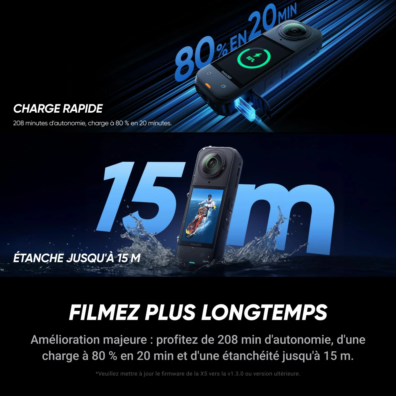 Insta360 X5 Caméra 360 8K, Perche Invisible, Étanche, pour Moto Sport Voyage