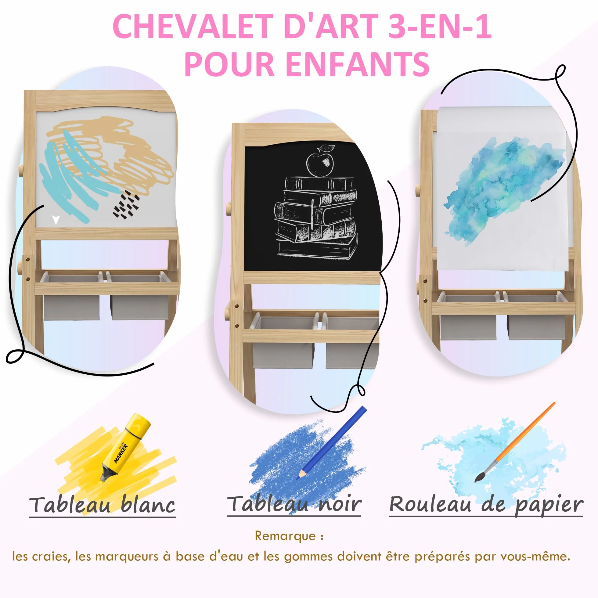 AIYAPLAY Tableau chevalet pour enfants double face bois de pin naturel massif
