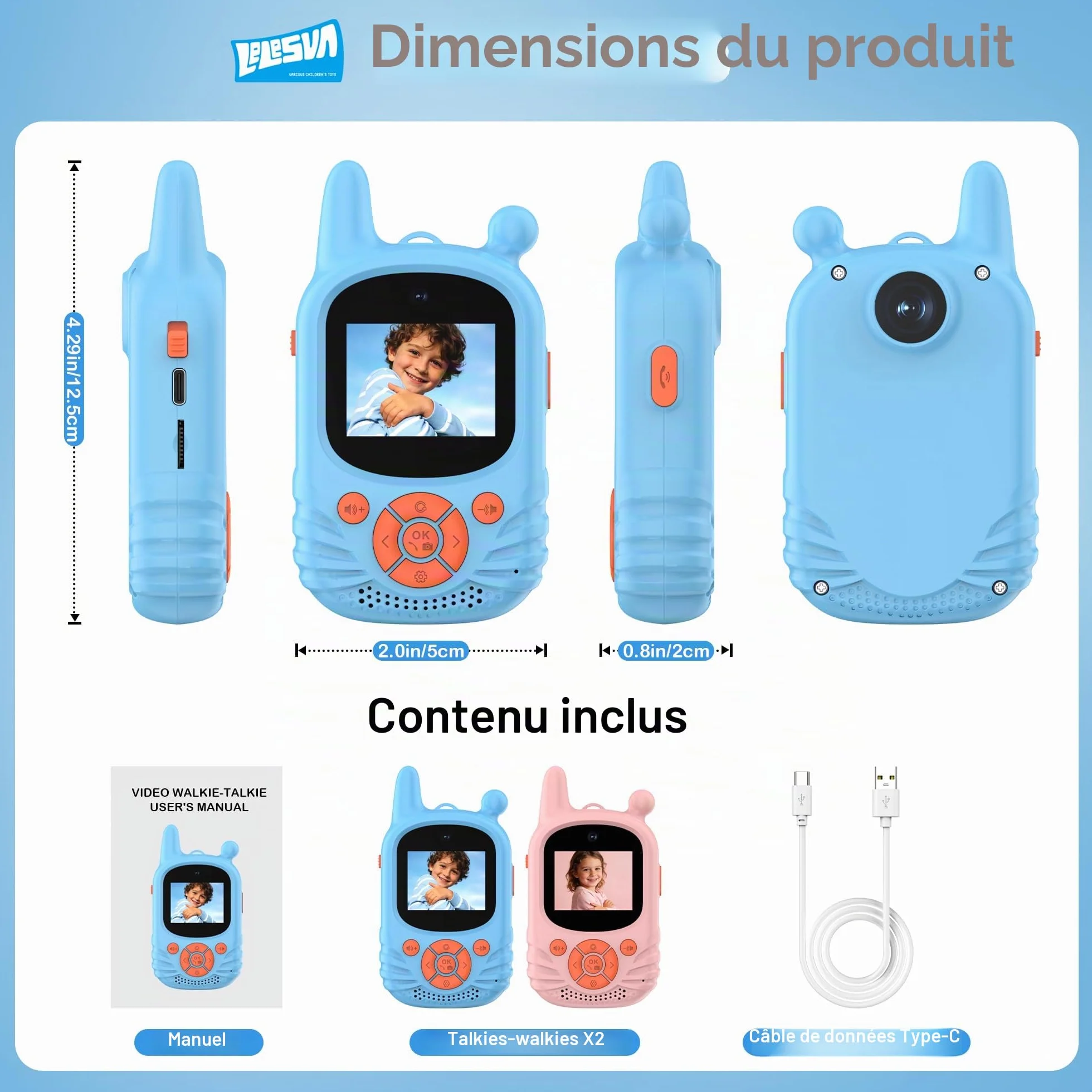 Walkie-talkies vidéo enfants HD double caméra rechargeable portée 300 m pack de 2