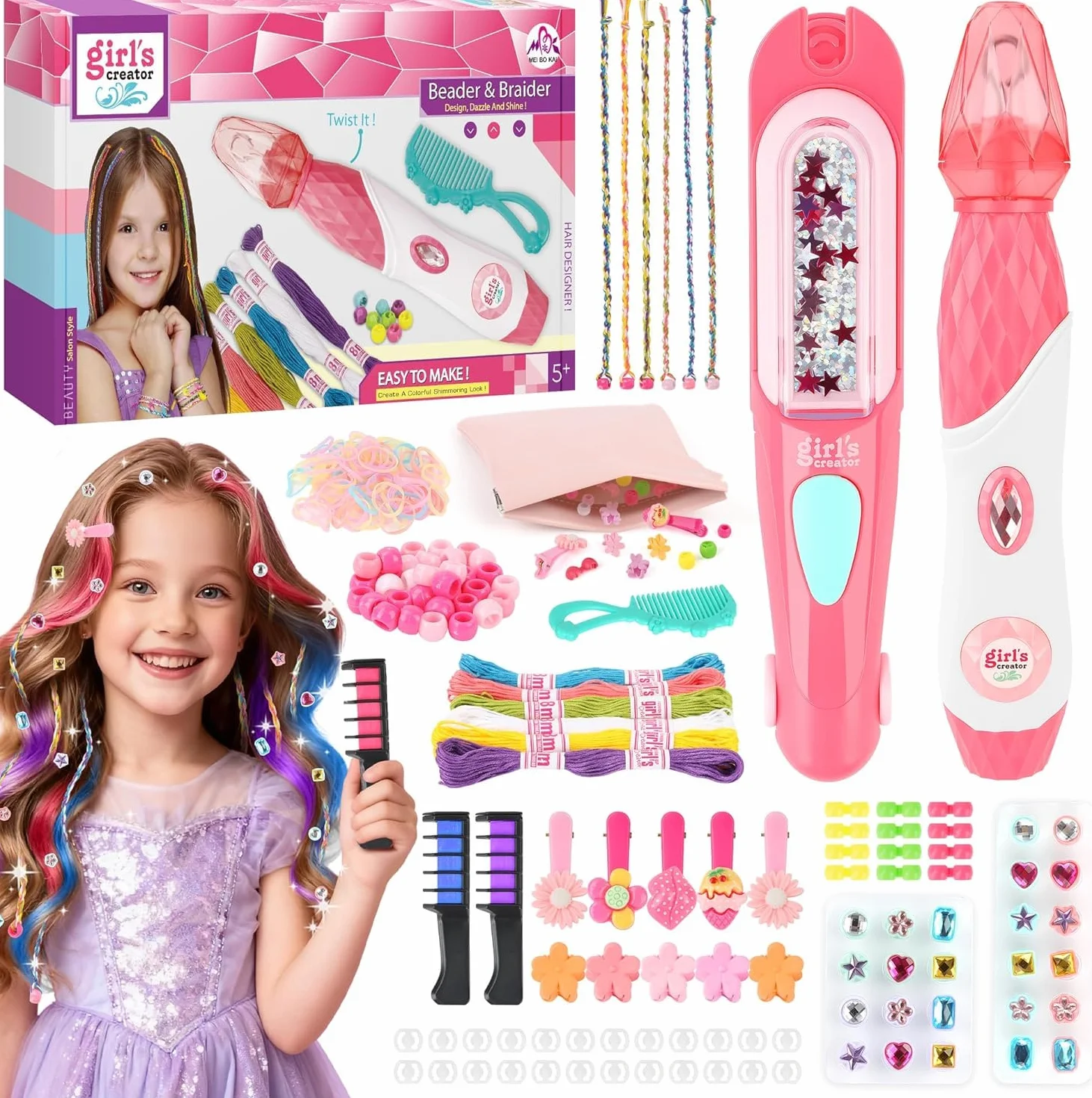 JONRRYIN Kit de broderie de cheveux 3-en-1, machine à tresses automatique avec perles et strass pour filles