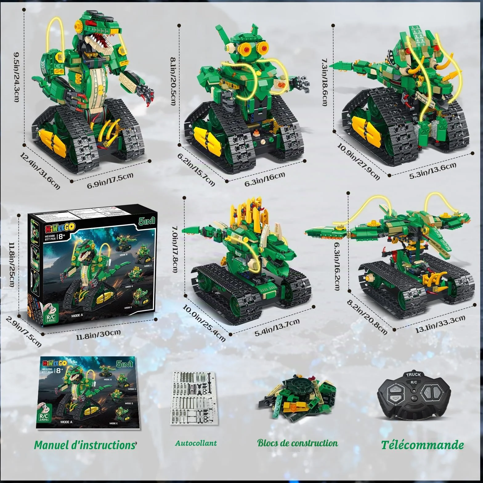 HiWEEGO Jouet de Construction Dinosaure Télécommandé 5 en 1 877 Pièces Robot Rechargeable