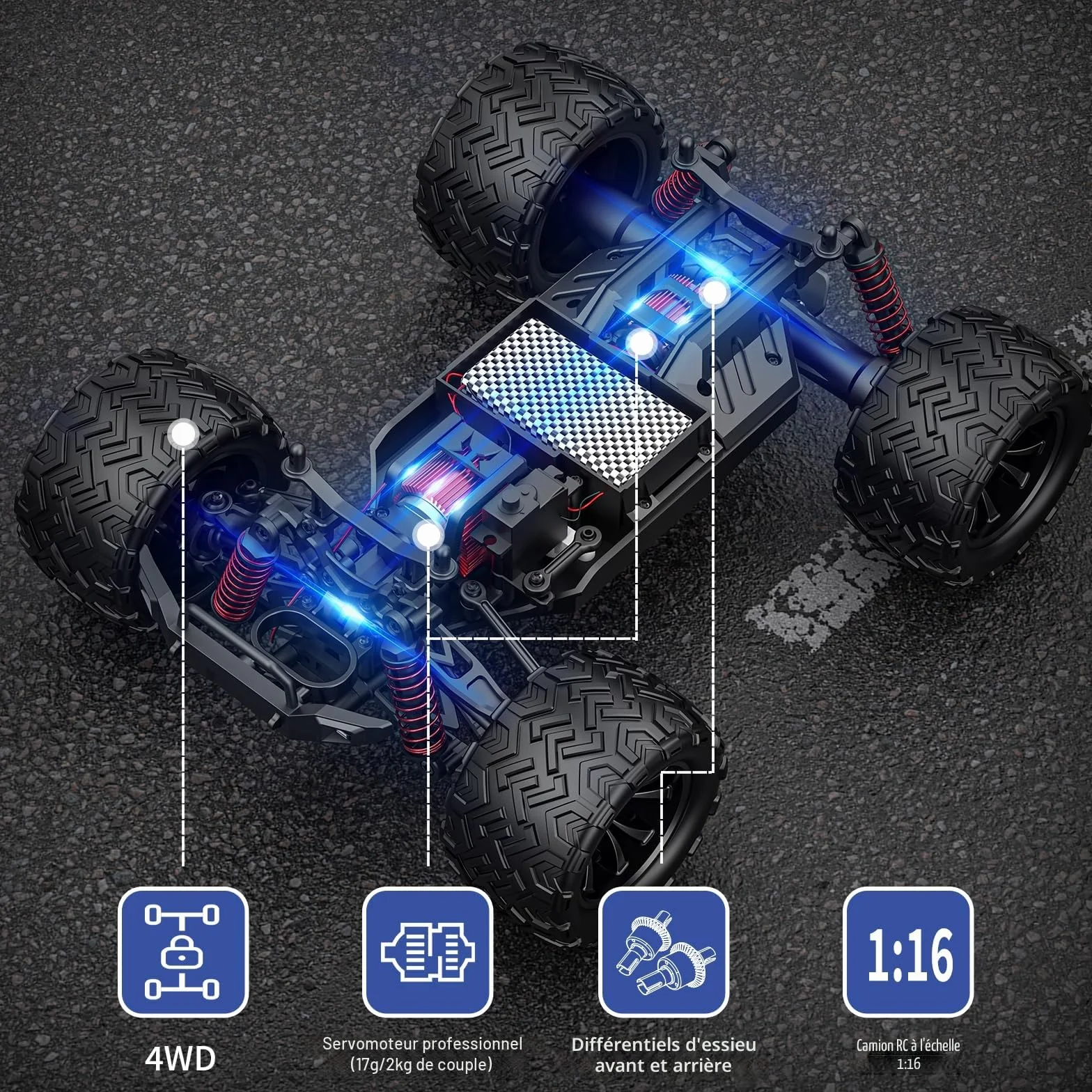 EVARY Voiture télécommandée 1:16, 40 km/h, 2,4 GHz, 4 WD, Monster Truck radiocommandée, Jouet pour Adolescents à partir de 12 Ans, 55 Minutes de Temps de Jeu, portée 50 m, Voiture radiocommandée pour