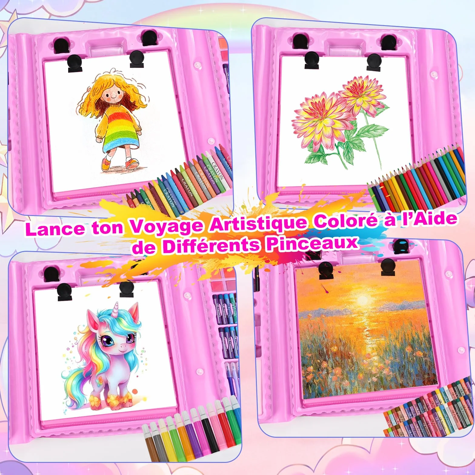 Mallette Dessin Enfant 230 Pièces Kit Coloriage Crayons Couleur Pastels Huile Stylos Aquarelle Cadeau Fille 3-10 Ans