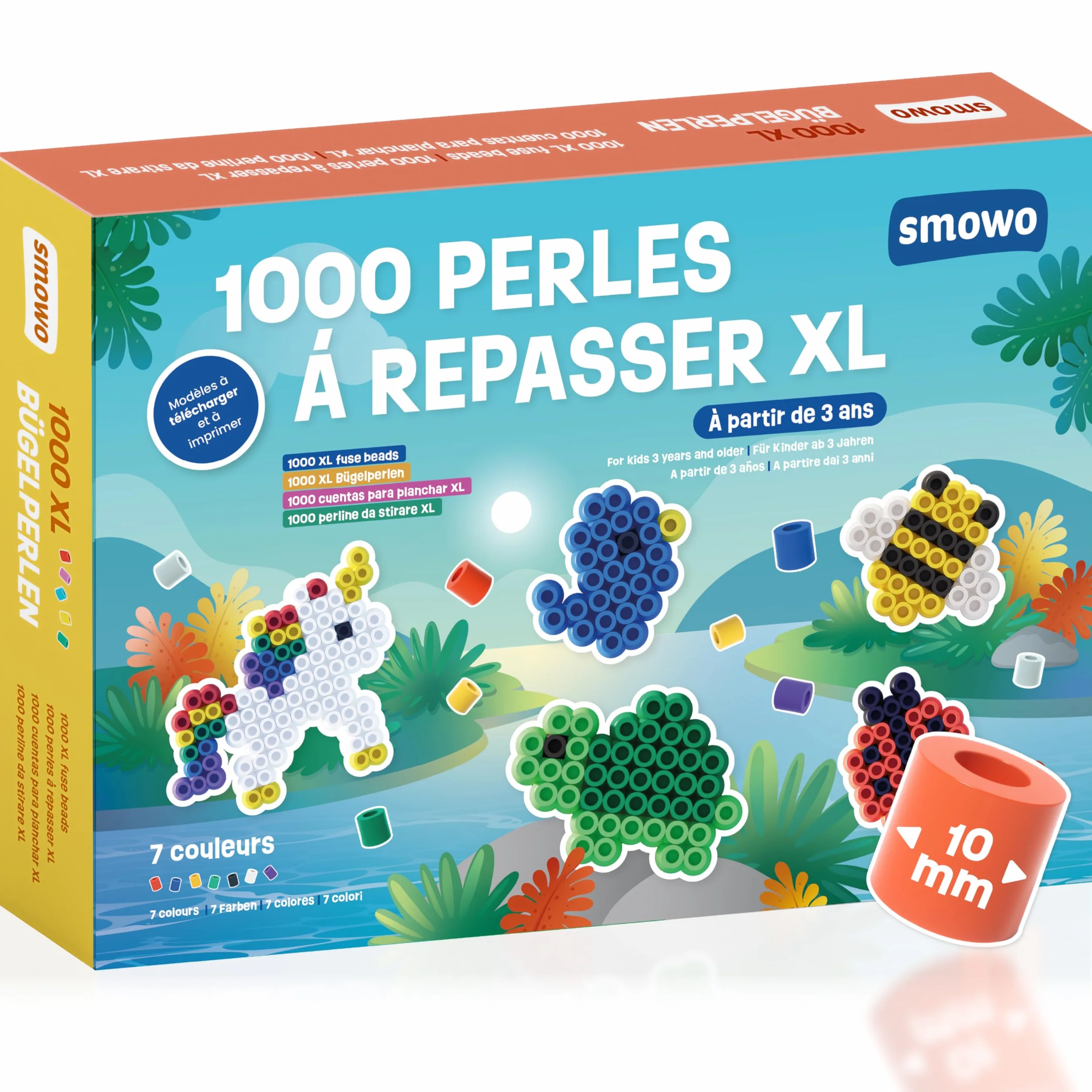 Smowo Lot de 1000 Grandes Perles à Repasser 10 mm 7 Couleurs Multicolores XL Perles Créatives