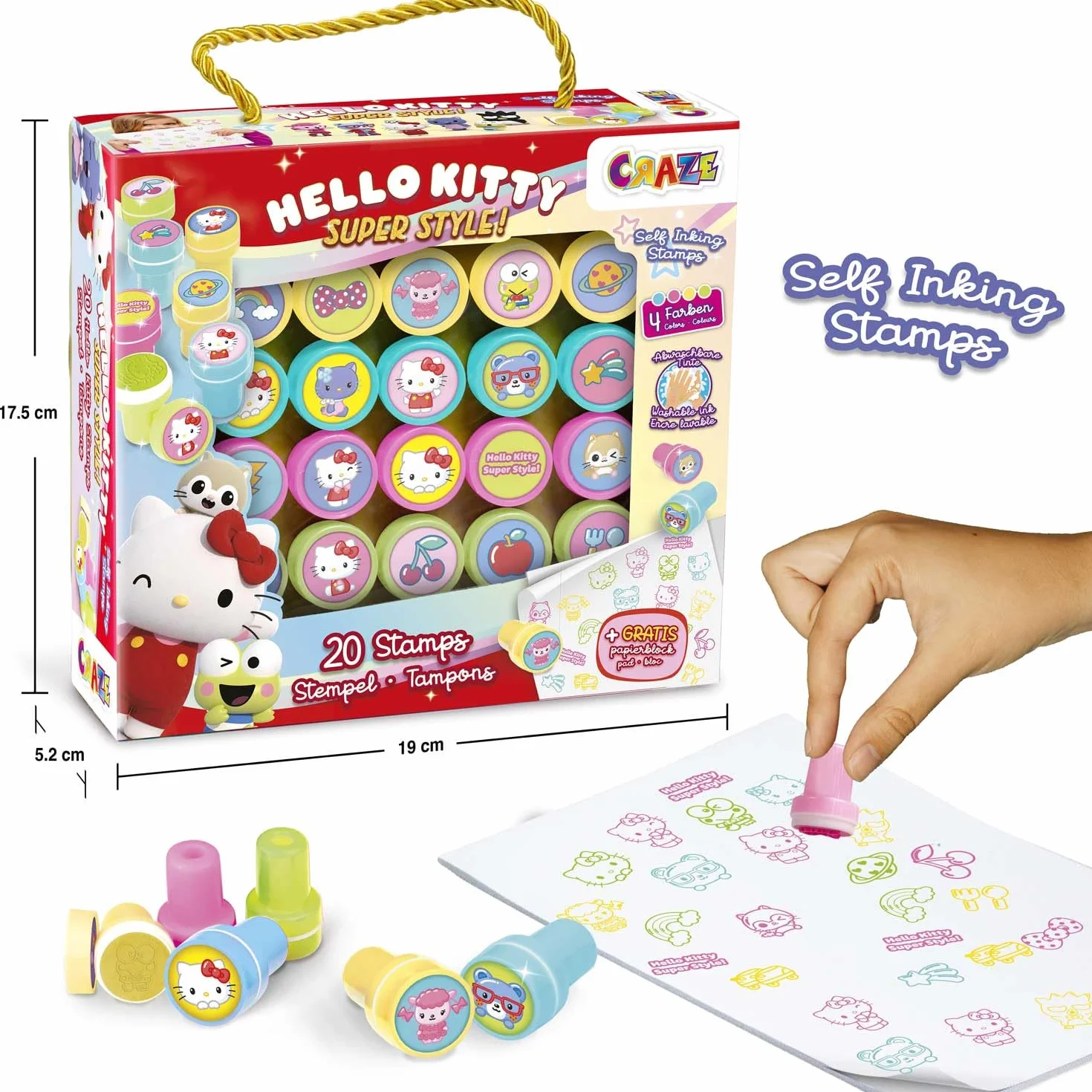 CRAZE HELLO KITTY Set de tampon encreur Enfant - 20 tampons avec bloc de papier, encre lavable