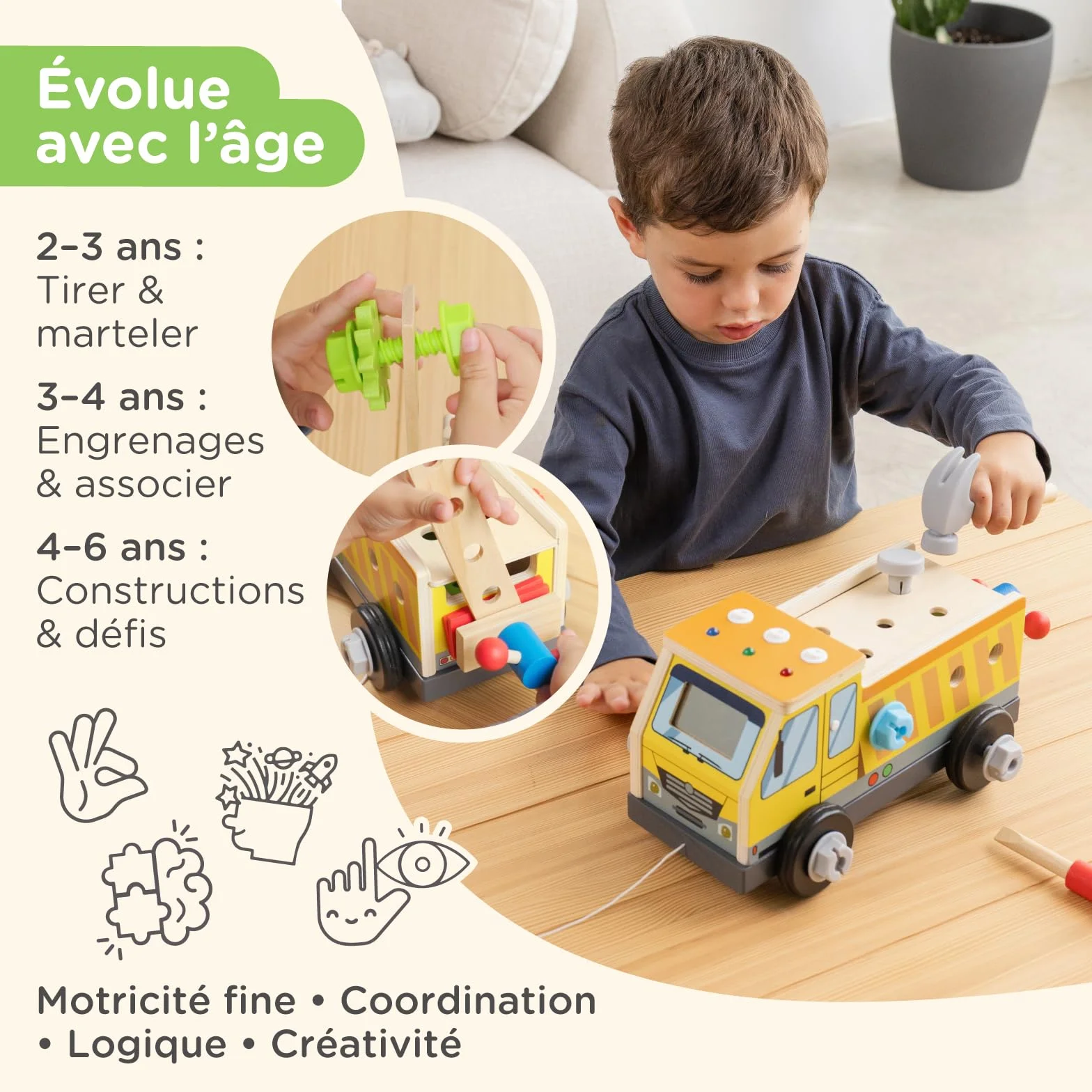 Nene Toys Camion Busy Board Montessori – Tableau d’Activités & Caisse à Outils en Bois FSC® avec 3 Interrupteurs LED, 8 Modes – Jouet à Tirer, Construction, Motricité, 2-6 Ans