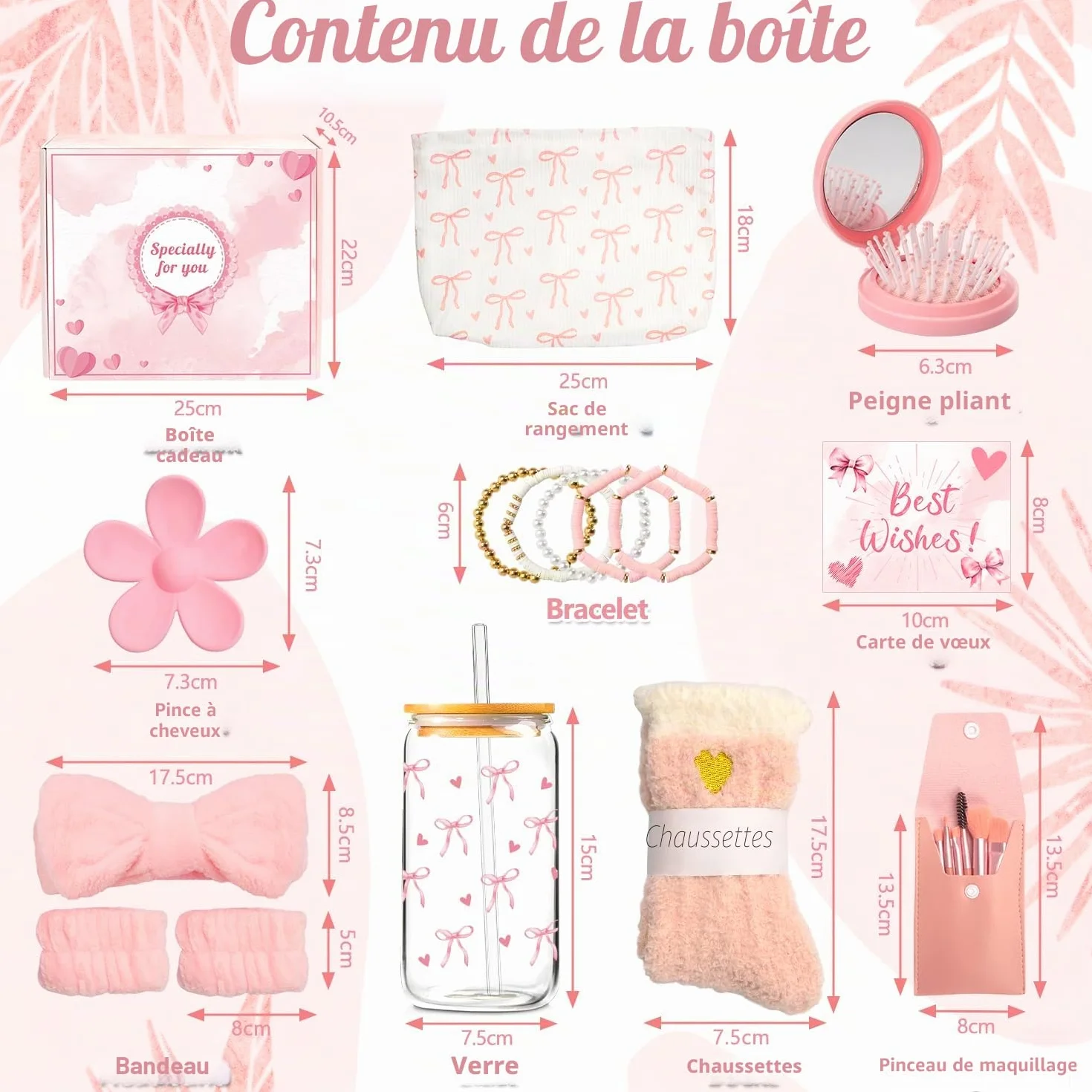 Cadeau Anniversaire Noël Fille Adolescent 9-16 Ans Tasse Verre Couvercle Pince Cheveux Pinceaux Maquillage Rose