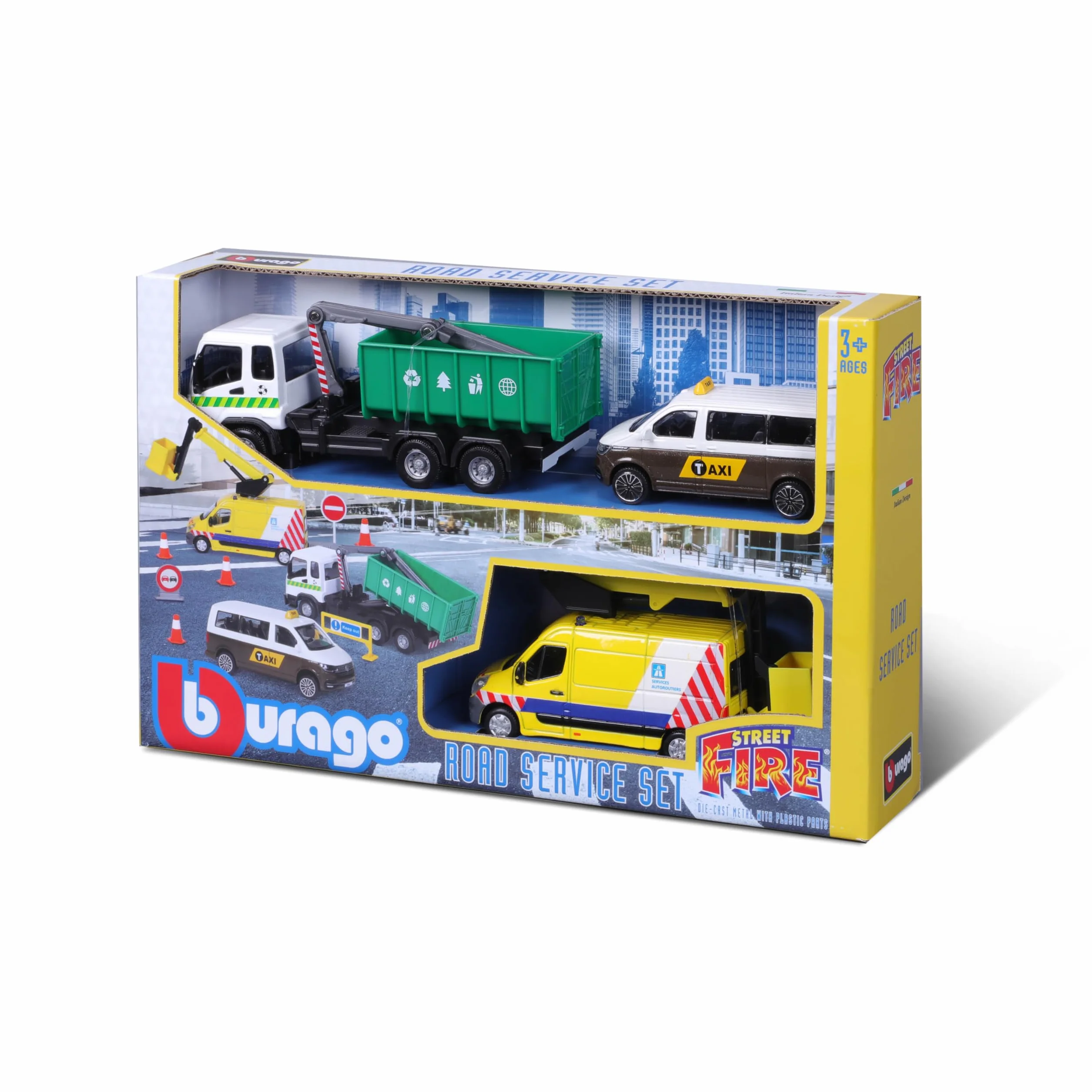 Bburago 1/43 Street Fire City Services Playset 3 véhicules 8 accessoires