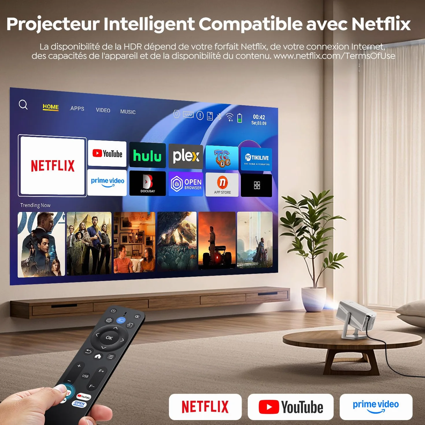 Vidéoprojecteur 4K 800 ANSI Courte Focale Bluetooth FHD 1080P WiFi6 Rotatif 360° Zoom 50% Mini Projecteur Home Cinéma