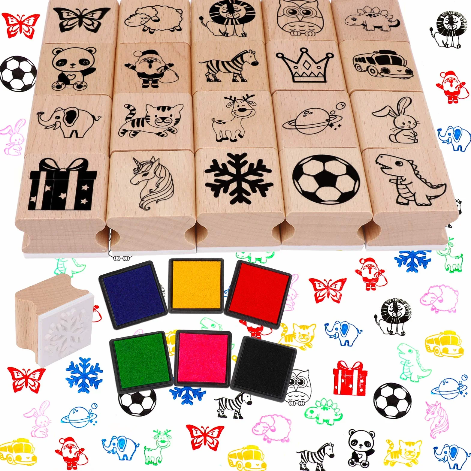 HOWAF 26pcs Tampons Bois pour Enfants Artisanat avec Encreur Animaux Père Noël Licorne Dinosaure