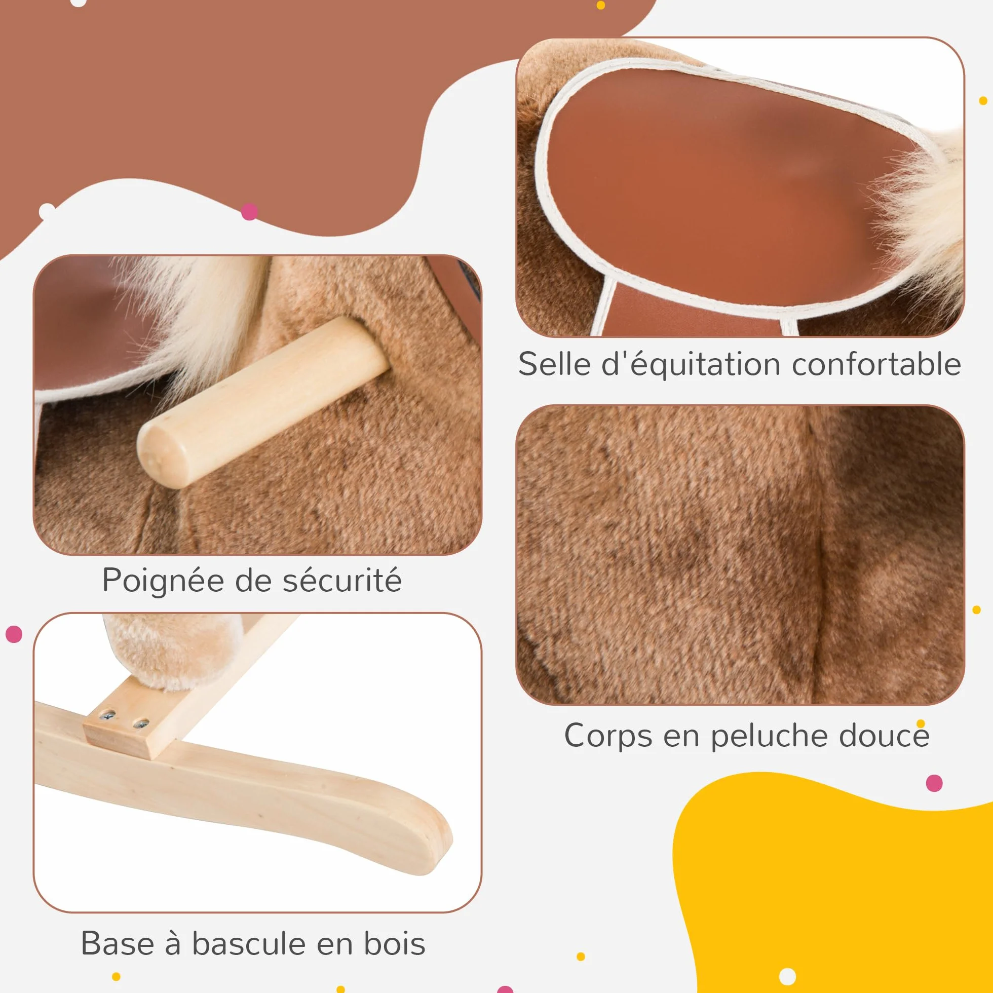 HOMCOM Cheval à Bascule Cowboy Selle Grand Confort Enfants 36+ Mois Peluche Douce Bois Peuplier 40 kg Brun Blanc
