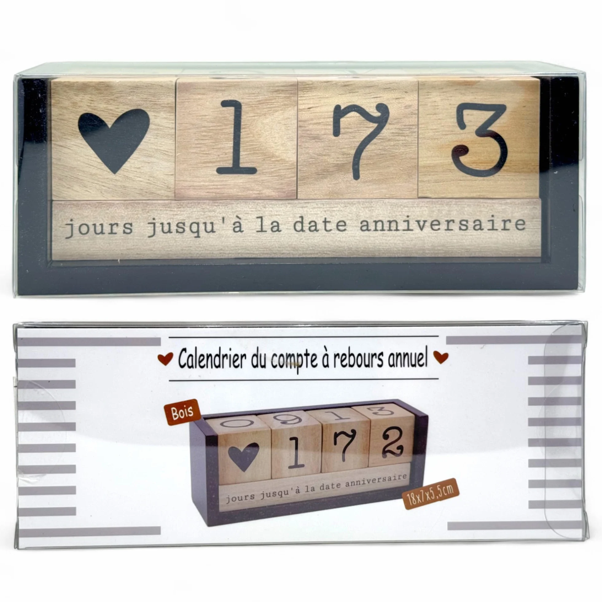 Calendrier de compte à rebours annuel en bois MIJOMA - Calendrier de table permanent avec cubes décoratifs - 432 jours, noir/naturel, édition française
