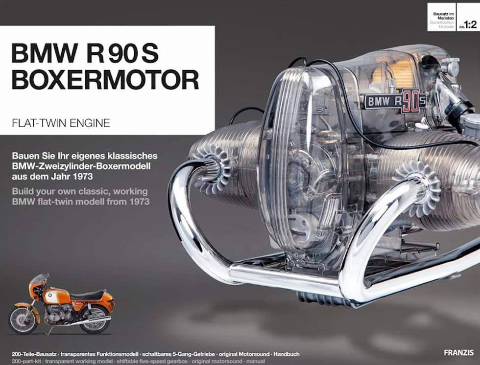 Franzis BME019 67009 0 BMW R 90 S Boxermotor originalgetreues Modell, Bausatz mit schaltbarem 5 Gang Getriebe, über 200 Teile und Begleitbuch, bunt