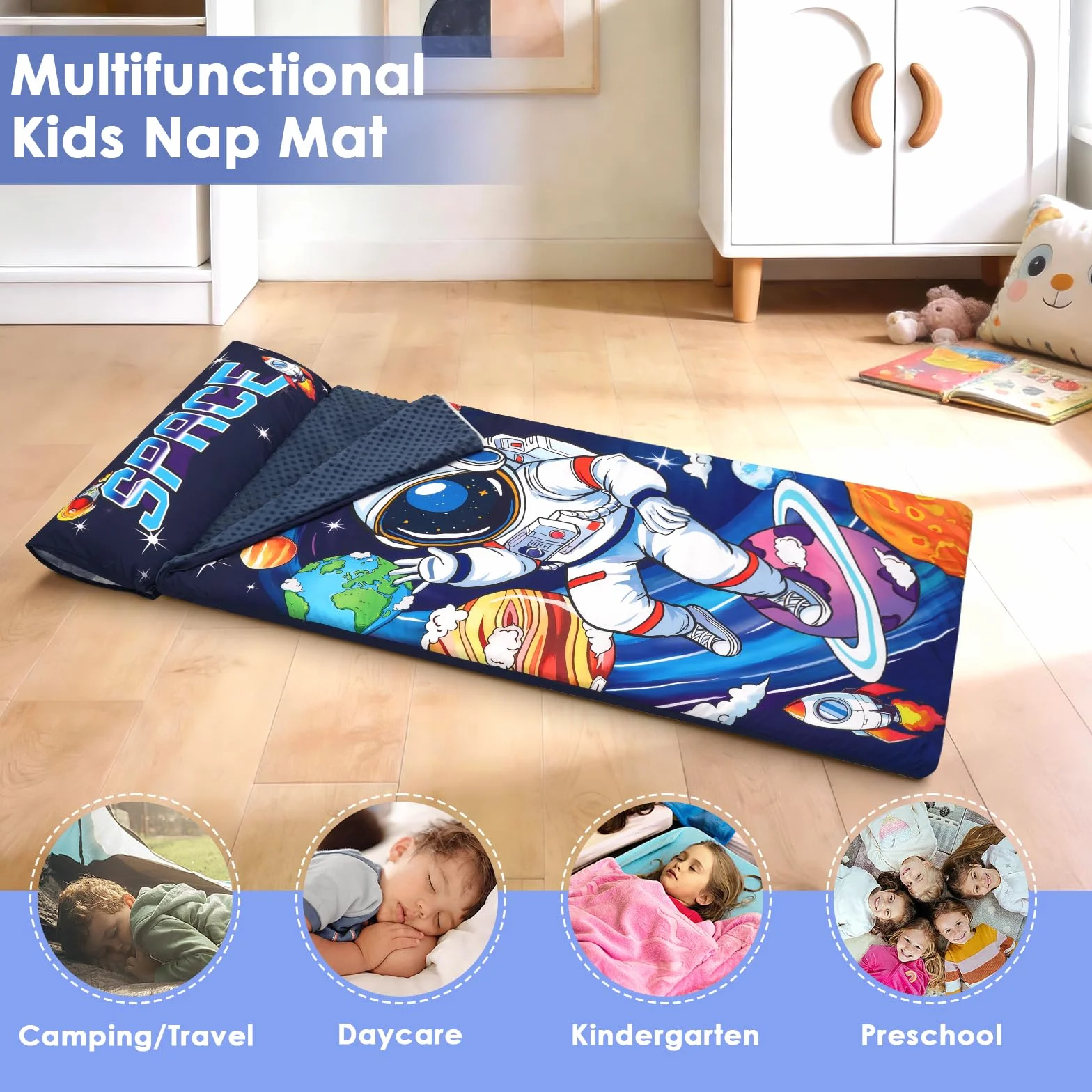 Sac de Couchage pour Enfants 170×75cm avec Oreiller Amovible Chaud Pliable Camping École Garderie