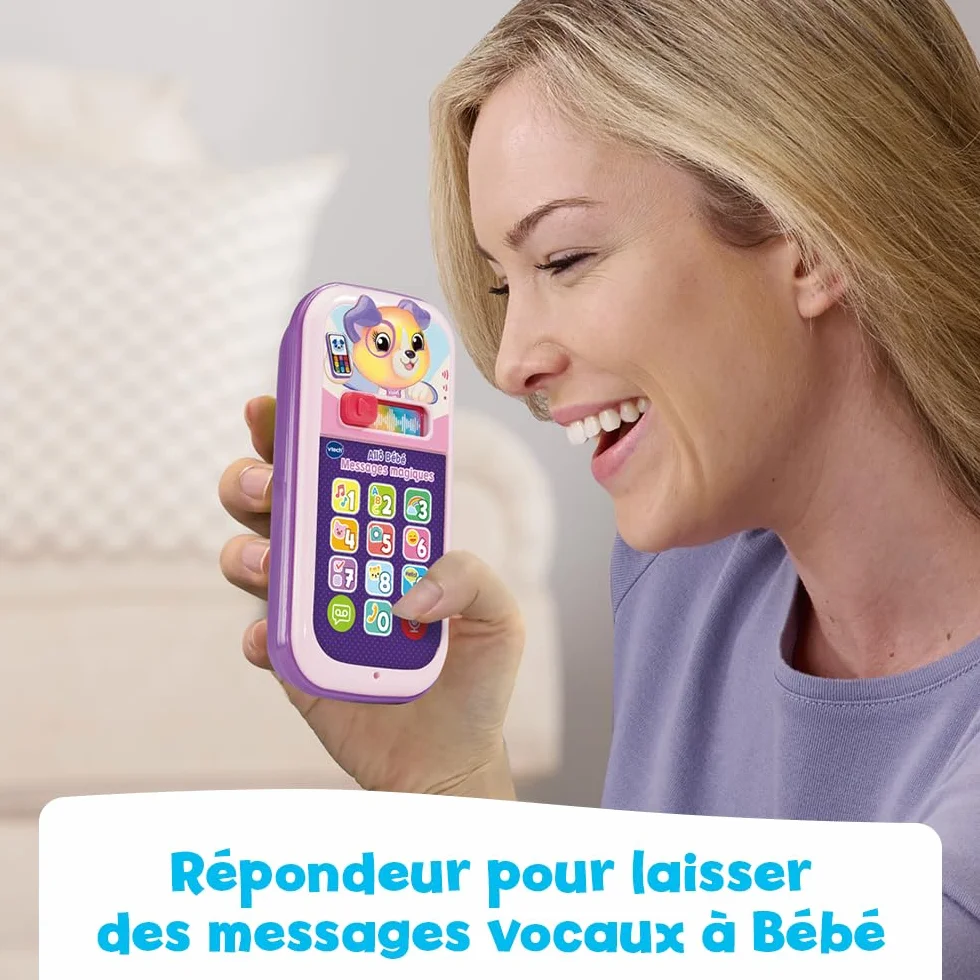 VTech Allô Bébé Messages Magiques Rose Premier Téléphone Interactif Parlant Musical Enregistreur Vocal Changeur de Voix Effets Lumineux Cadeau Bébé 9 Mois Français