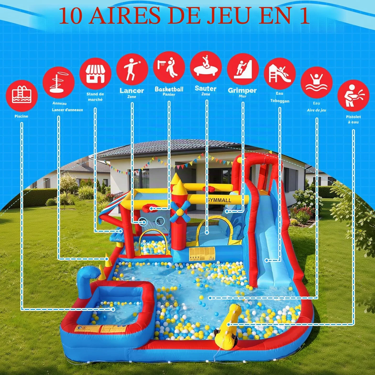 Château Gonflable 10-en-1 Enfants avec Toboggan Aquatique, Pataugeoire, Trampoline, Souffleur 550W