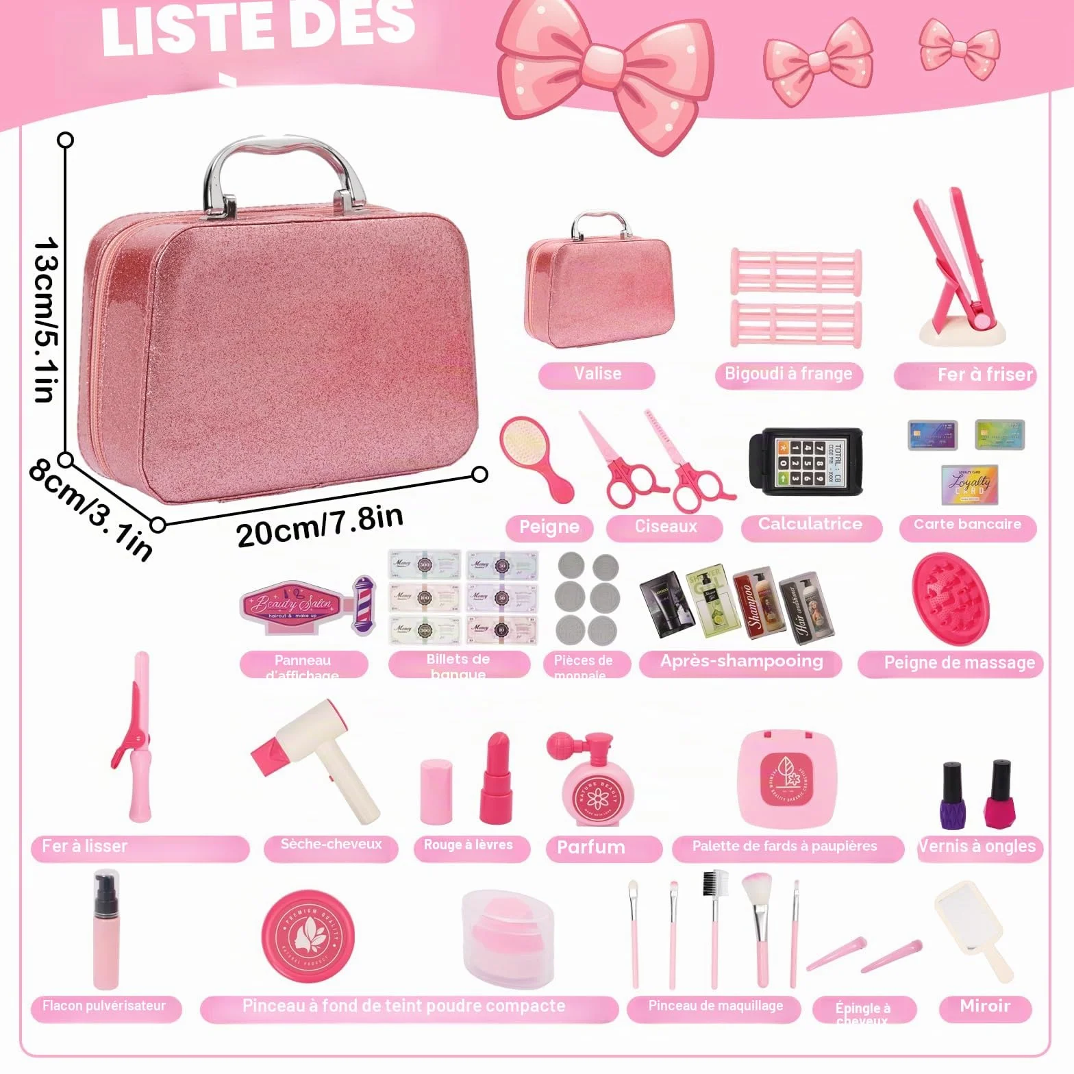 Coffret de Coiffure Rose pour Enfants, Sèche-Cheveux, Lisseur, Peigne, Jeu de Rôle, Cadeau Fille 3 Ans+