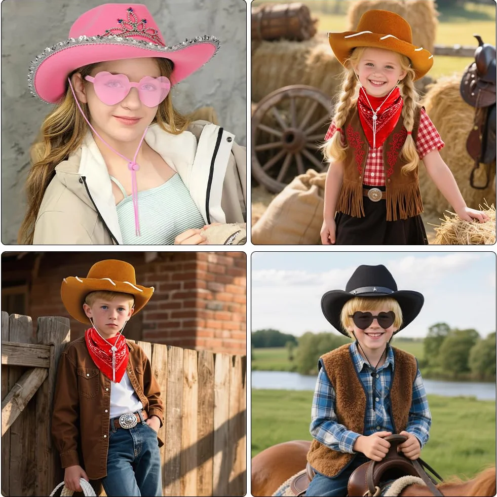 Chapeau de CowBoy pour Enfants 3Pcs avec Étoile Diadème Ficelle Lunettes Coeur Bandana Halloween