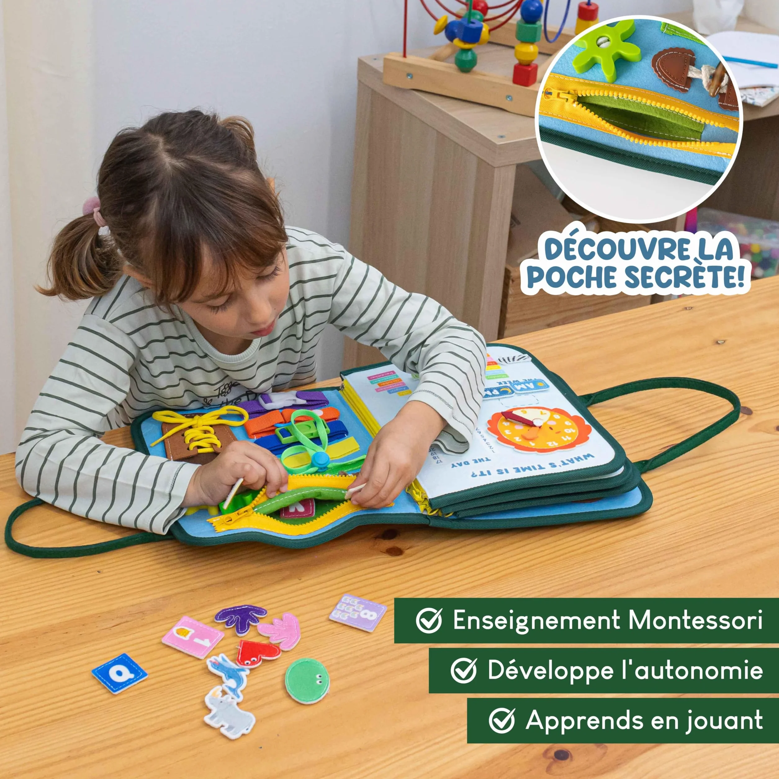 BONNYCO Busy Board Montessori Feutre, Jouet Educatif Motricité Fine, Cadeau Enfant 1-6 Ans
