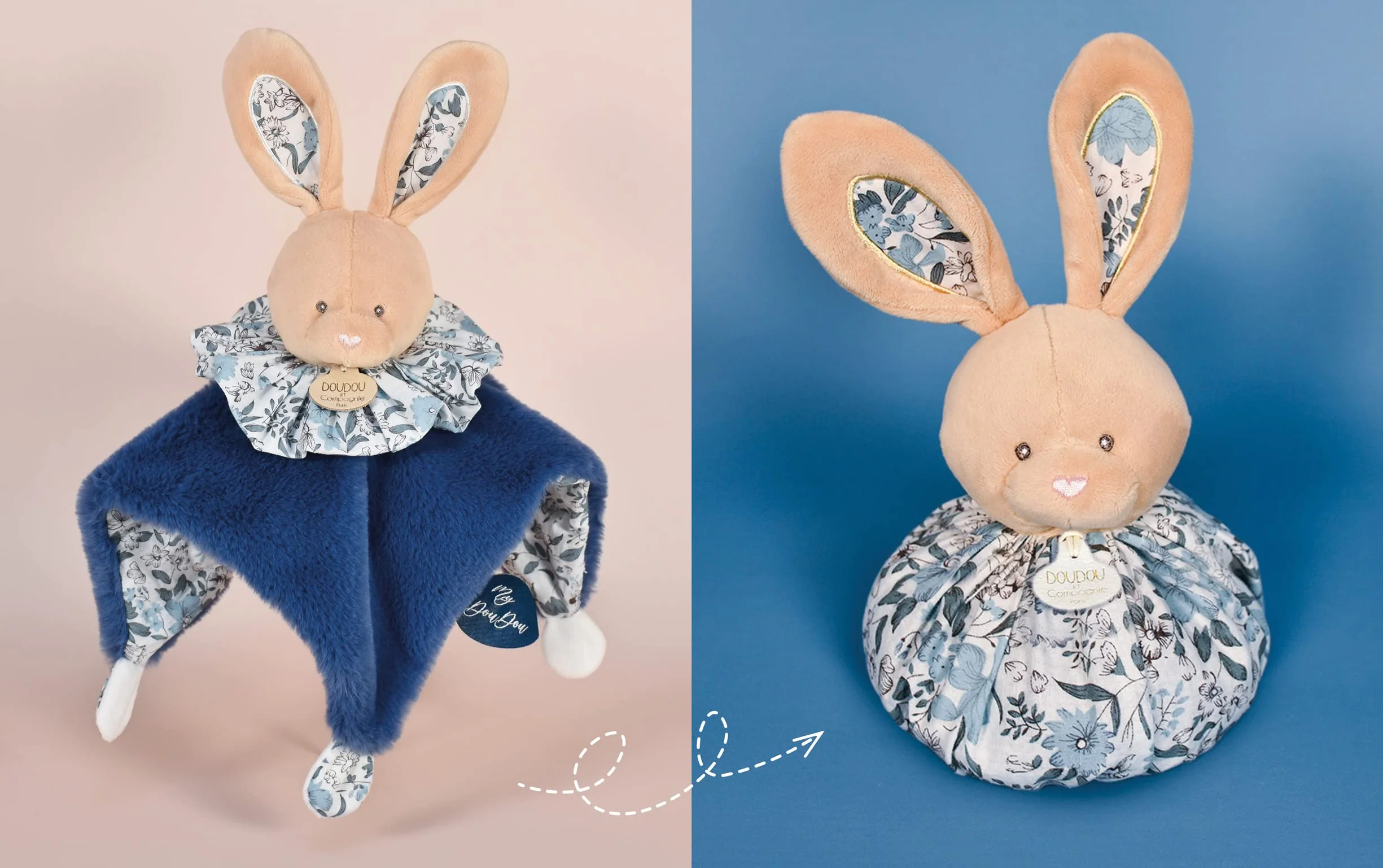 Doudou et Compagnie Peluche Boule Lapin 3 en 1 25 cm Bleu Blanc