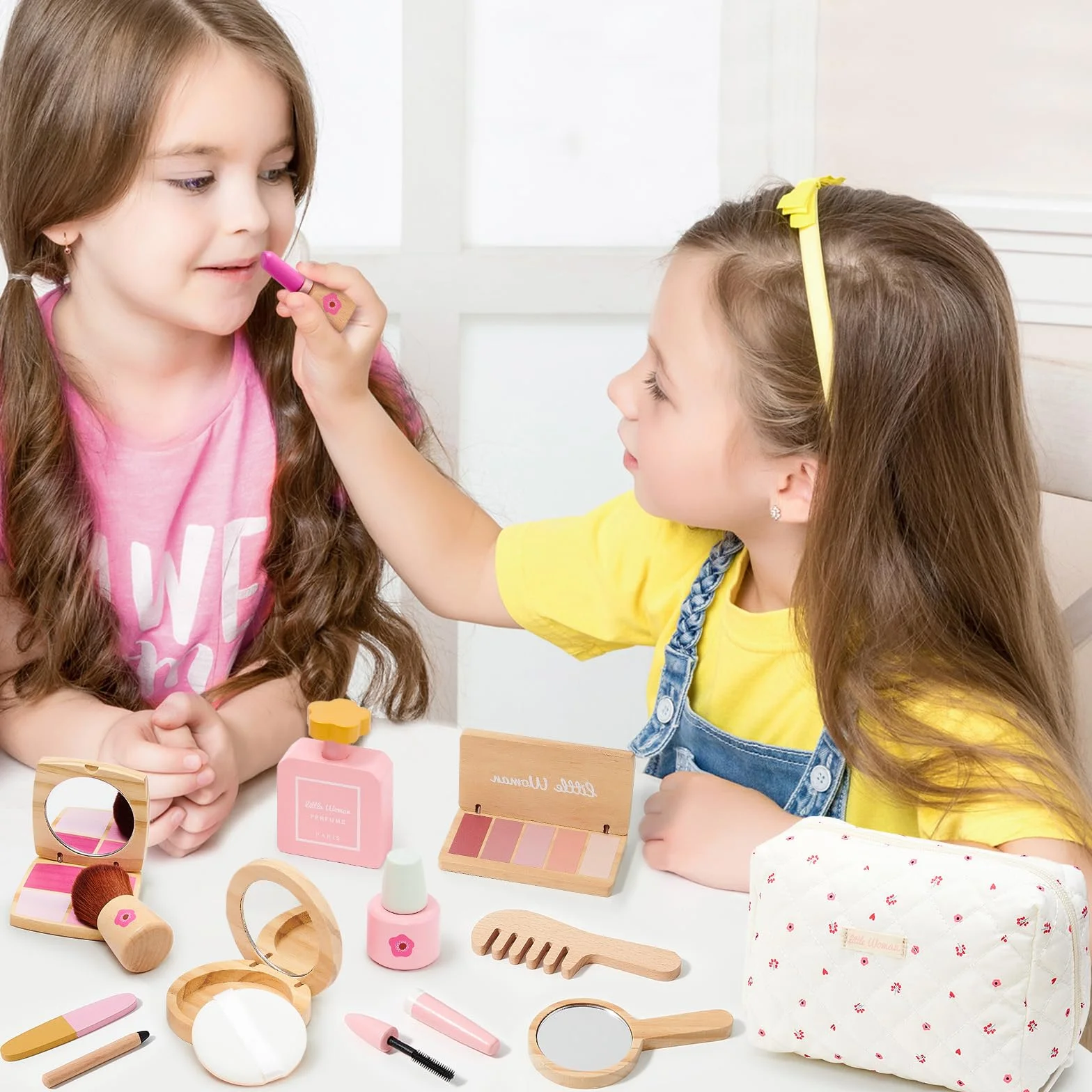 Coffret Maquillage Enfant Fille en Bois Jouet Maquillage Malette Accessoires Jeux Princesse Cadeau 3-8 Ans