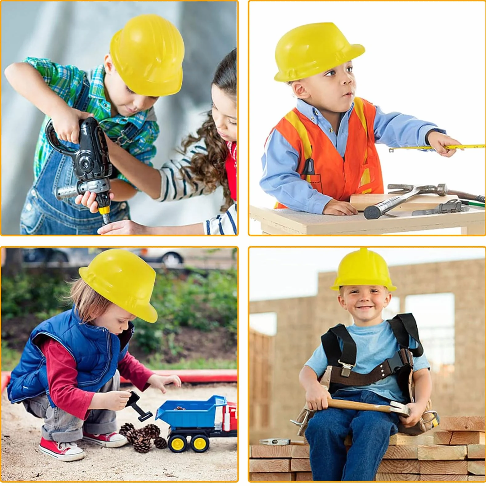 Lot de 12 casques de chantier pour enfants jaunes réutilisables souples