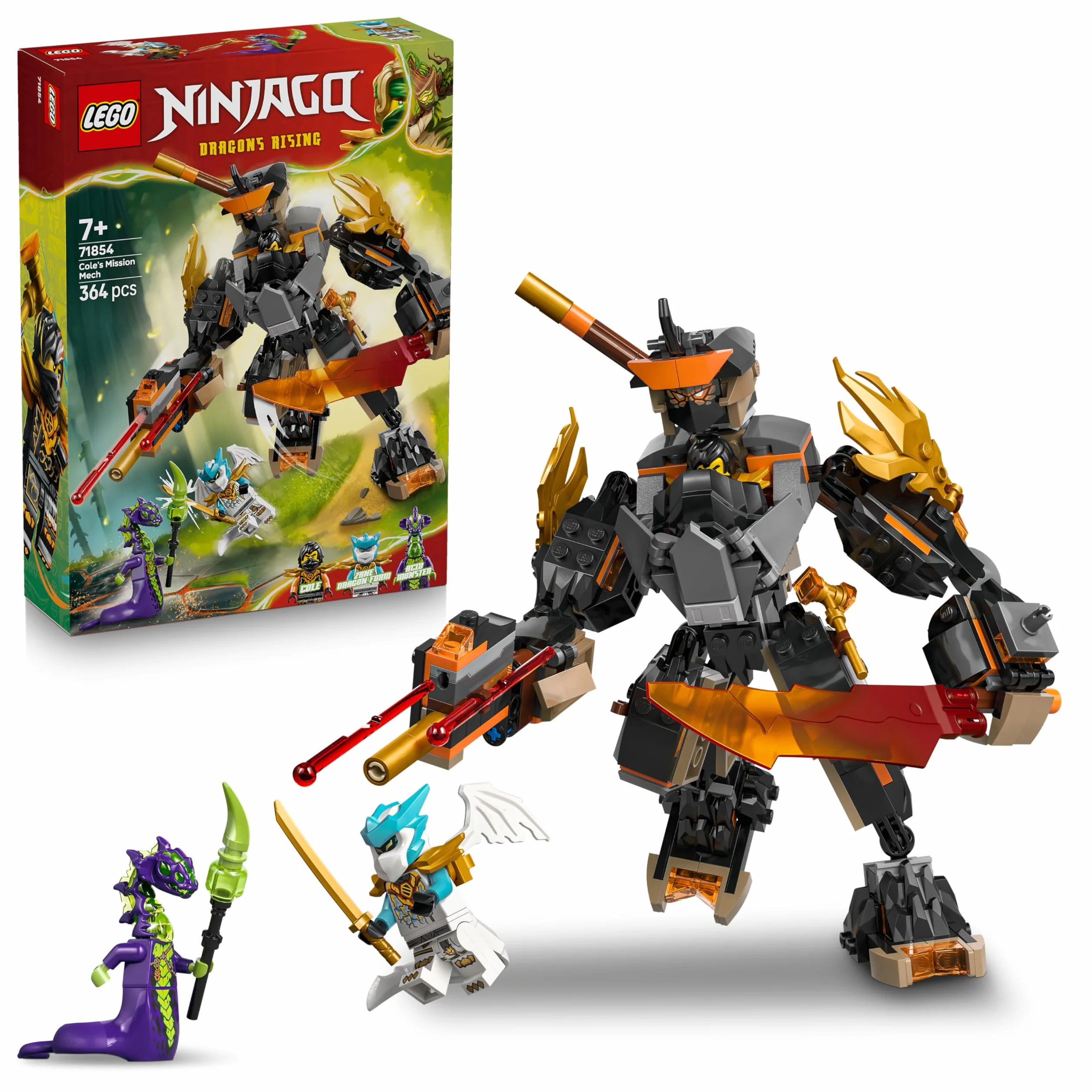 LEGO Ninjago La Mission du Robot Cole et du Dragon Zane Jouet Ninja Figurine d'action 3 Minifigurines Sabre Cadeau Garçon 7 Ans 71854