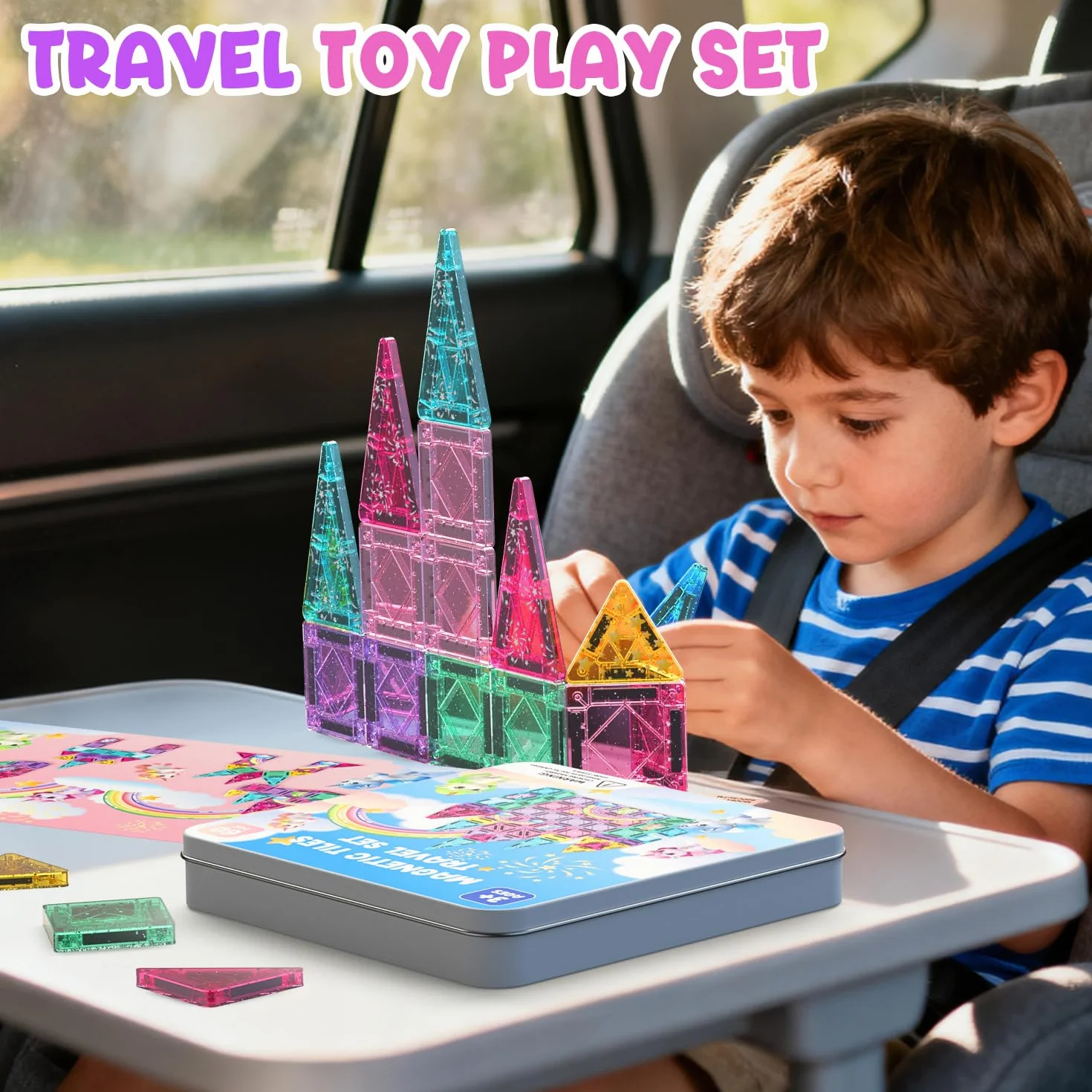 ACELIFE Lot de 60 blocs de construction magnétiques Montessori - Jouets magnétiques pour enfants - Kit de voyage STEM - Carreaux magnétiques portables