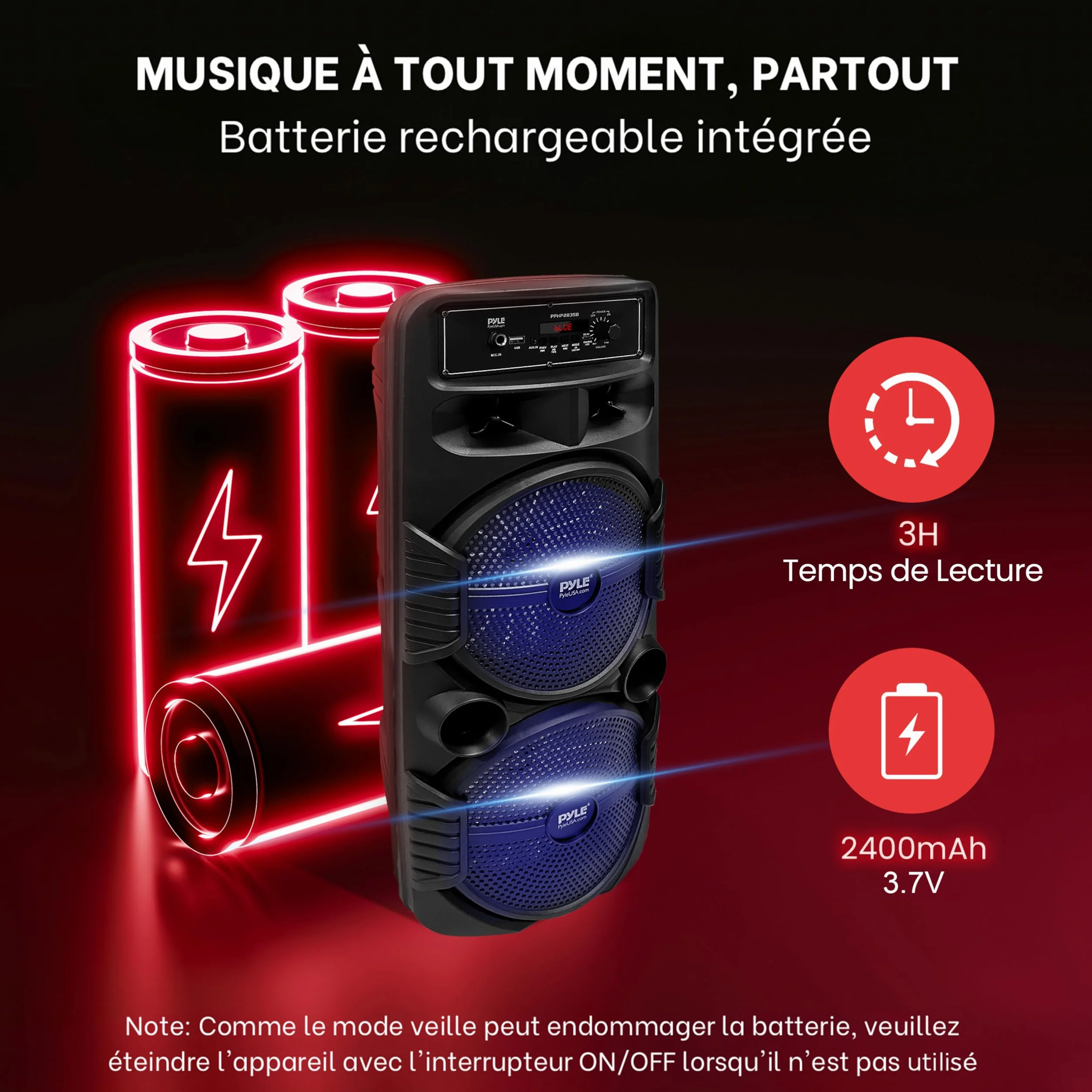 Pyle Enceinte Bluetooth Portable Extérieure 600 W Haut Parleur Sono Double Caisson de Basses Tweeter
