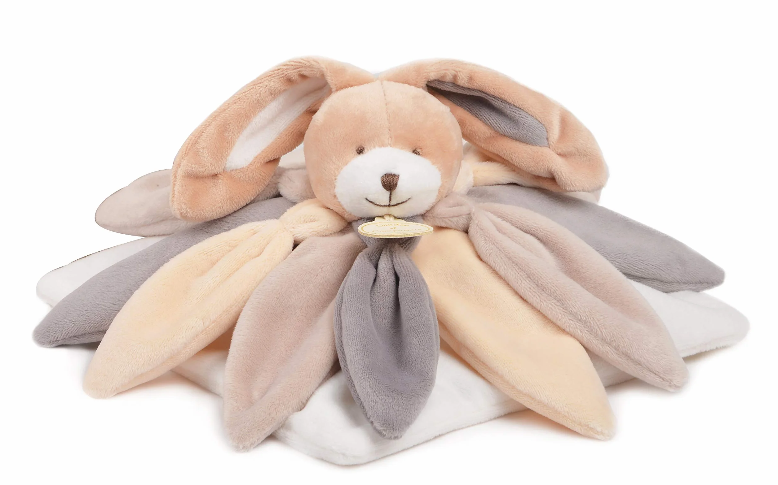 Doudou Lapin Plat Bébé Format Carré Pétale 28 cm Taupe Boite Cadeau DC2792