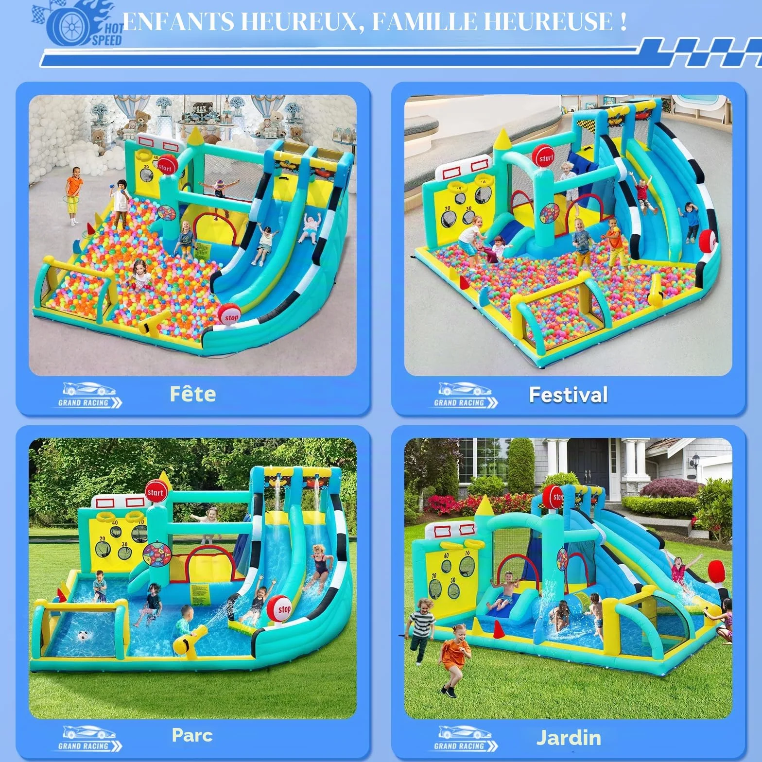 Château Gonflable XXL avec Toboggan pour Enfants Extérieur, Aire de Jeux avec Trampoline, Murs d'escalade, Piscine, 470×400×220cm, 225kg