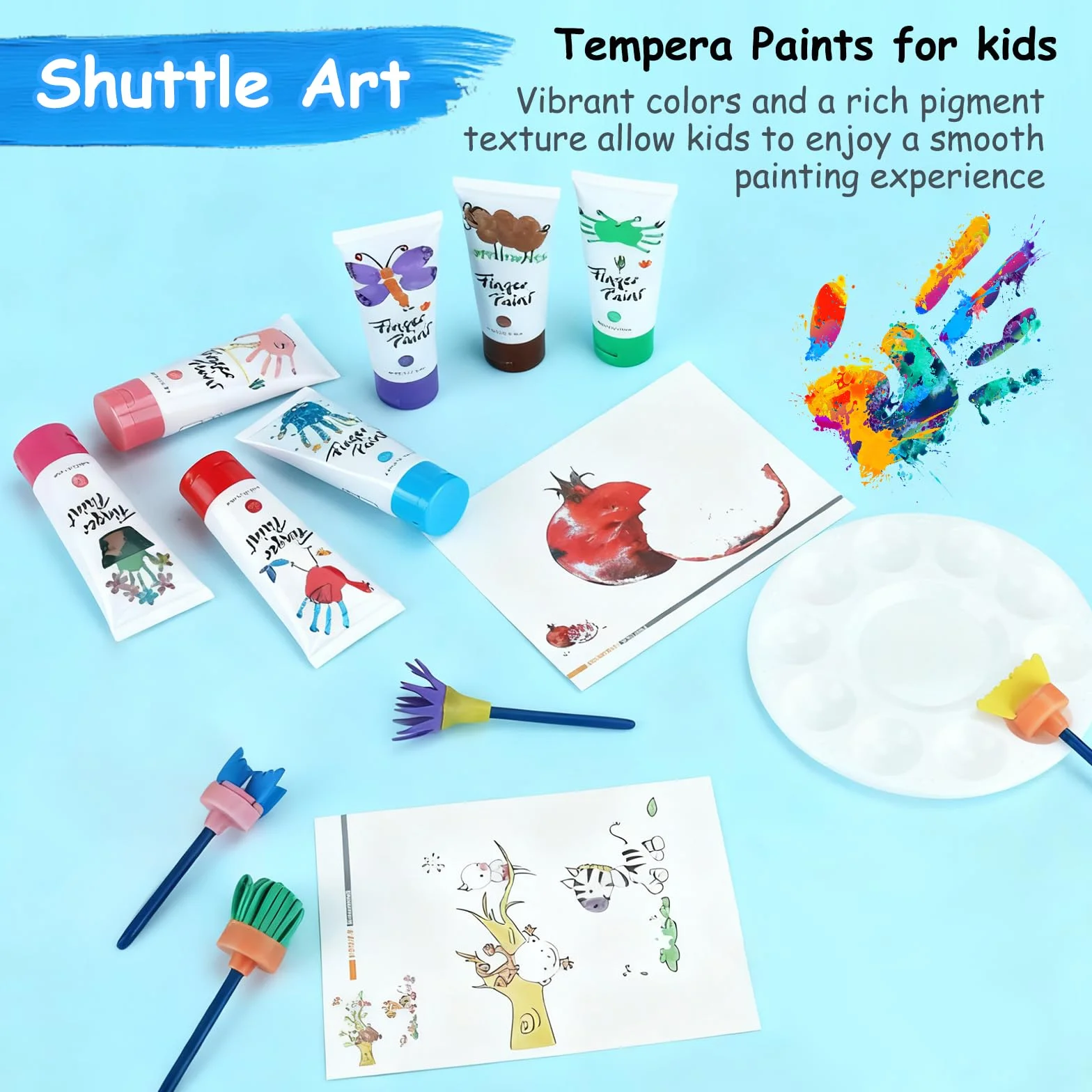 USHOP Kit Peinture au Doigt Lavable Enfants 51Pcs Non Toxique 12 Couleurs avec Pinceaux Palette Tablier