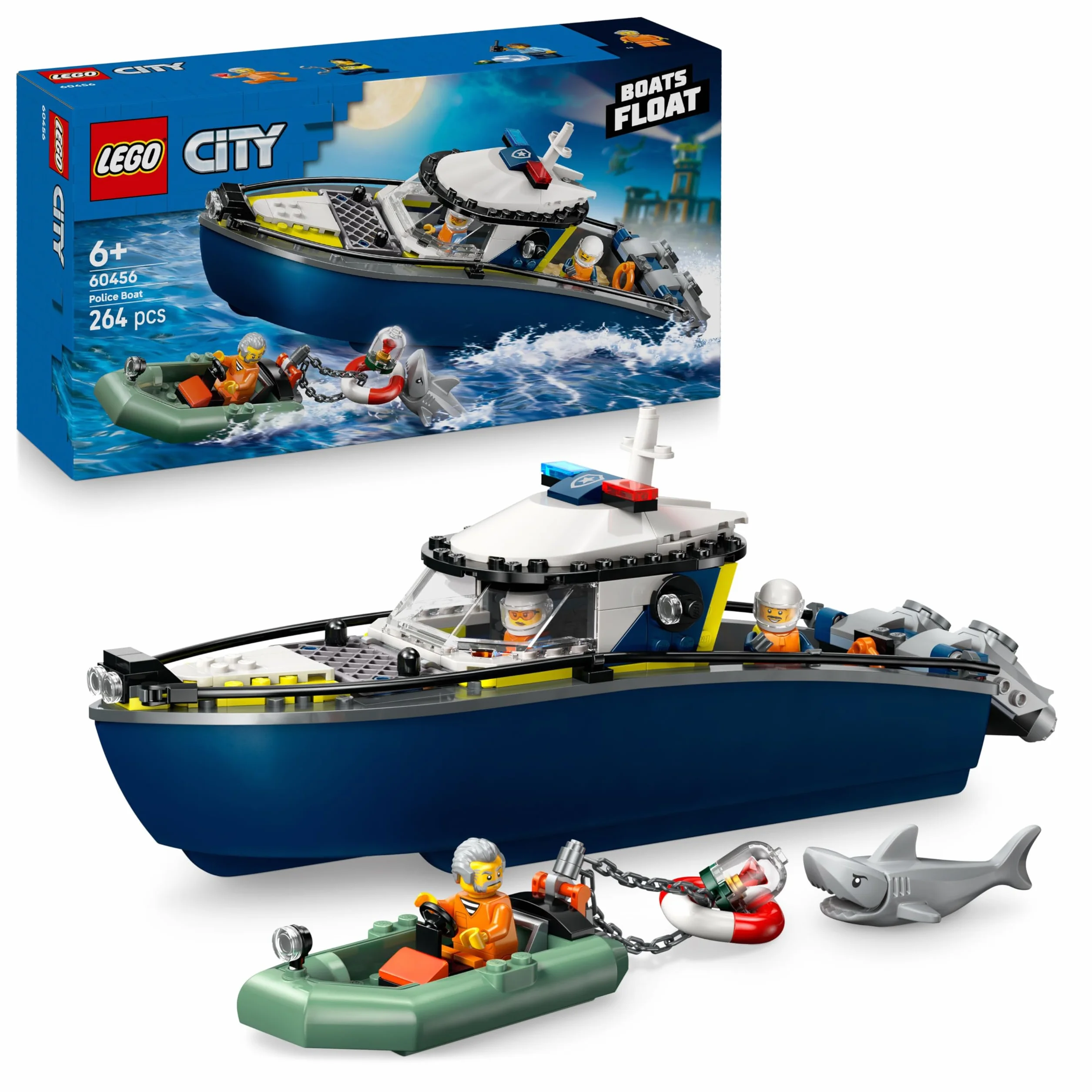 LEGO City Police Boat Chase 60456 Zestaw z 2 Łodziami, 3 Minifigurkami i Figurką Rekina dla Dzieci 6+