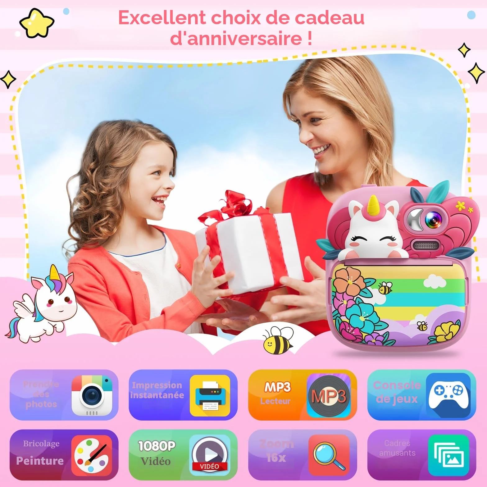 TIATUA Appareil Photo Instantané Enfant, 2,4" Écran 1080P HD avec Carte 32GB, Cadeau Filles Garçons 3-12 Ans