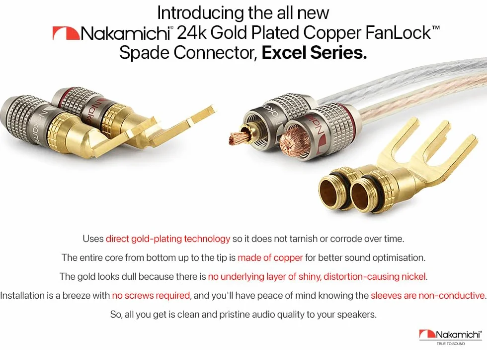 Nakamichi FanLock Connecteur à Fourche Fiche Banane plaquée or 24K 10 AWG - 18 AWG Calibre 4mm pour Haut-parleurs Amplificateur Hi-Fi Stéréo, 2 Pièces