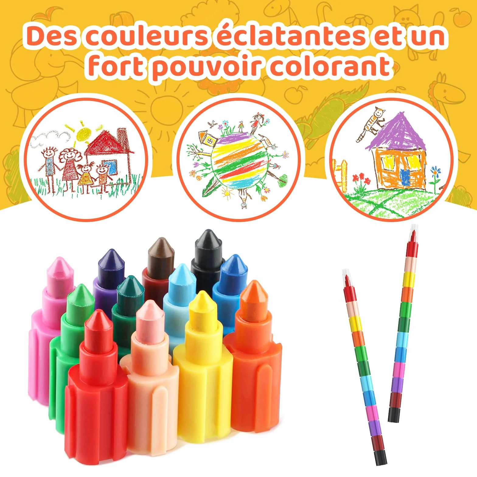 Crayons de Couleur Empilables pour Enfants, Ensemble de Crayons de Cire Arc-en-ciel