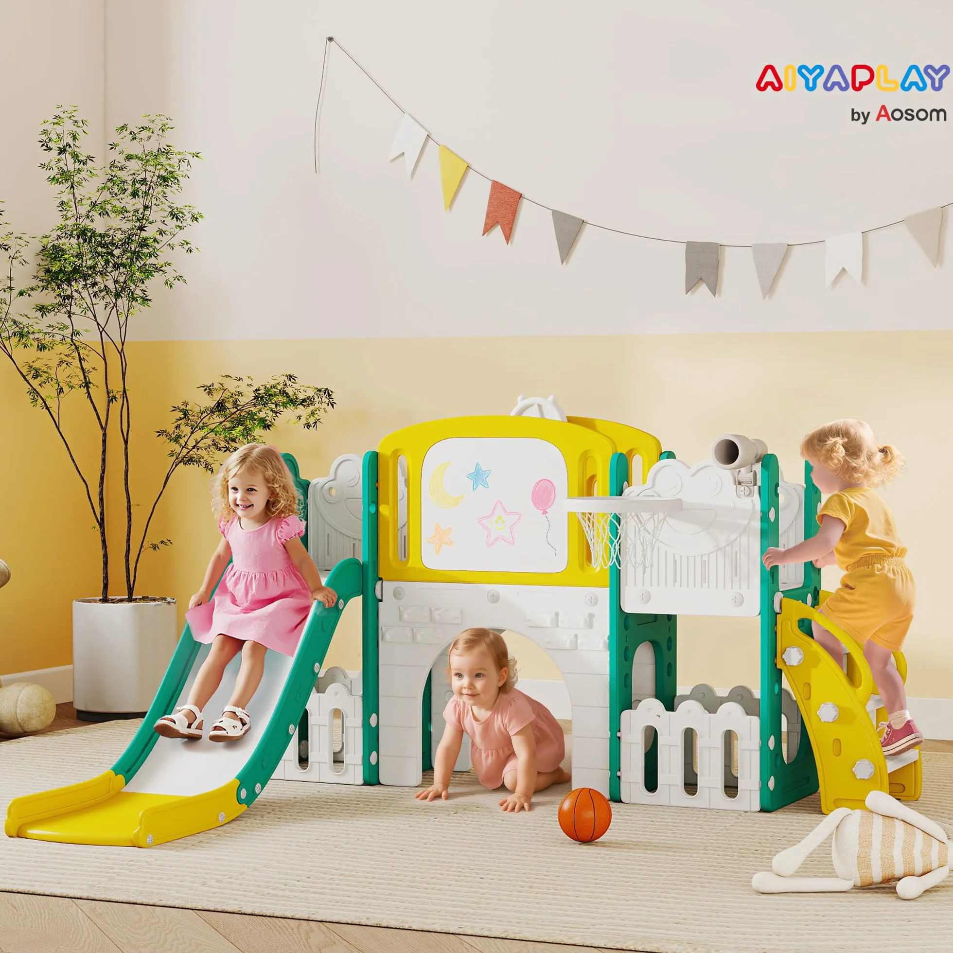 AIYAPLAY Toboggan 7 en 1 pour Enfant avec Panier de Basket, Tunnel, Escalade, Aire de Jeux intérieur et extérieur 1-3 Ans Jaune