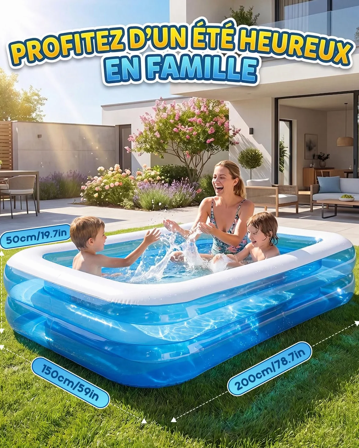 Piscine Gonflable Rectangulaire 200x150x50cm Grande Pataugeoire Familiale Bassin Aquatique d'Été
