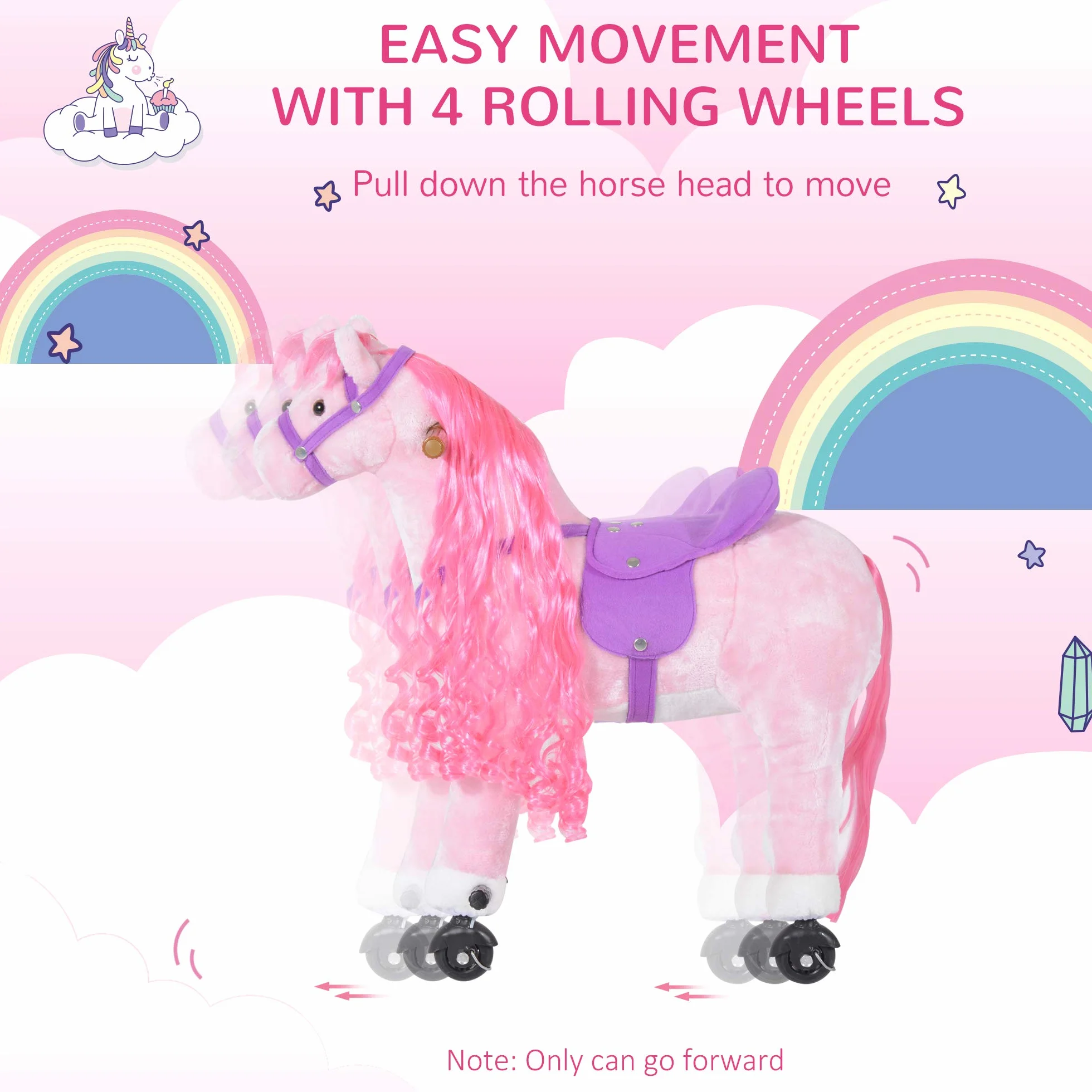 HOMCOM Cheval à bascule pour enfants 3+ ans 4 roues sons réalistes rembourré repose-pieds 65x28x75 cm rose