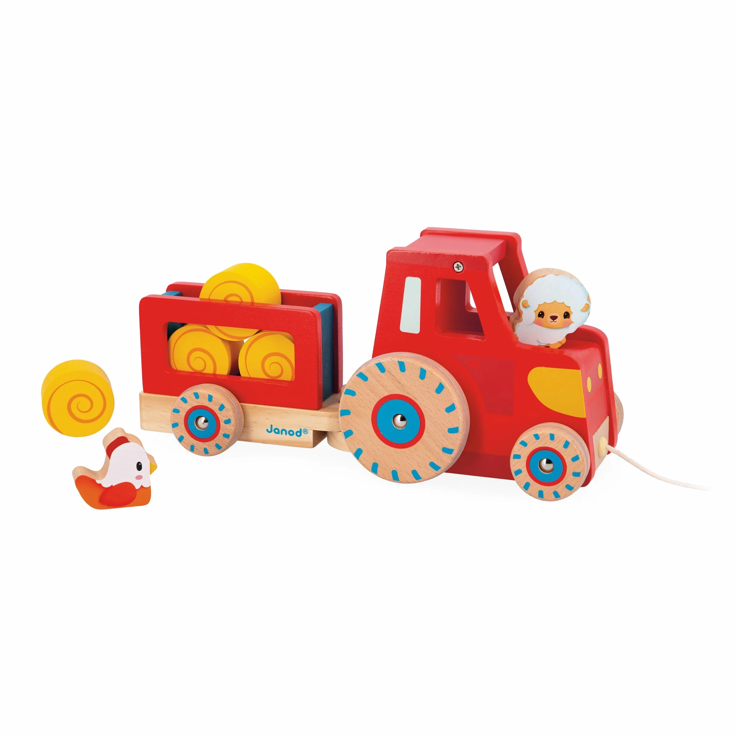 Janod Tracteur à Tirer Jouet d'Éveil 1 Tracteur Enfant 6 Accessoires Roues Silencieuses Bois FSC Dès 12 Mois