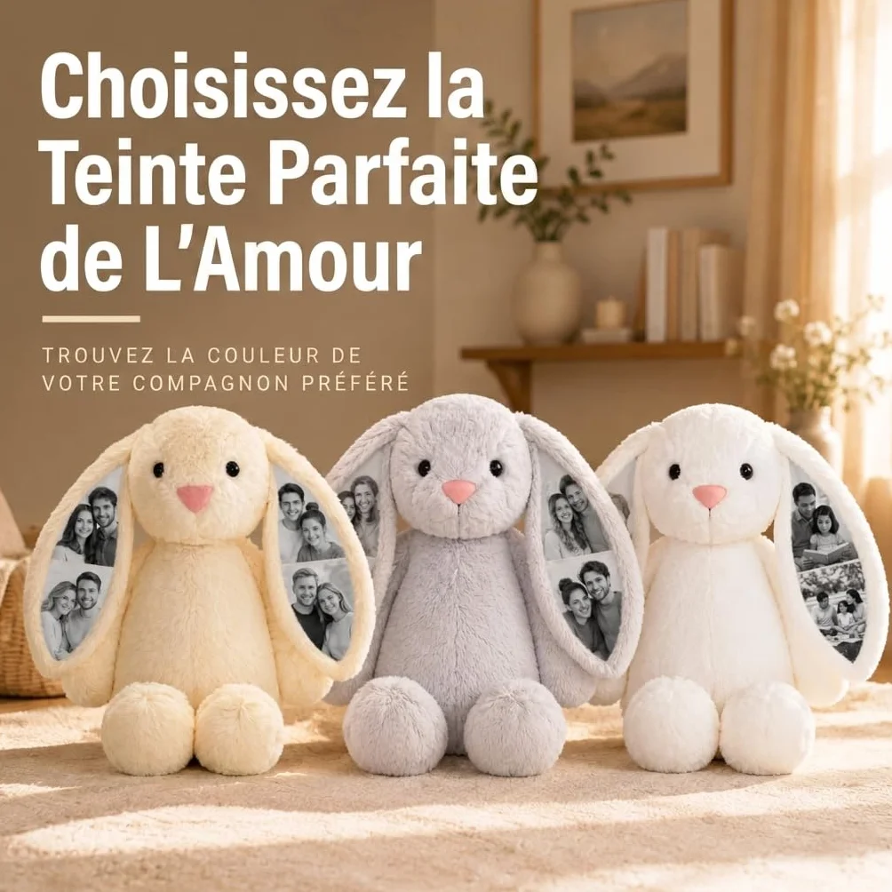 Peluche Lapin Personnalisé avec Photo Coussin Animal pour Femme Couple Cadeau Anniversaire