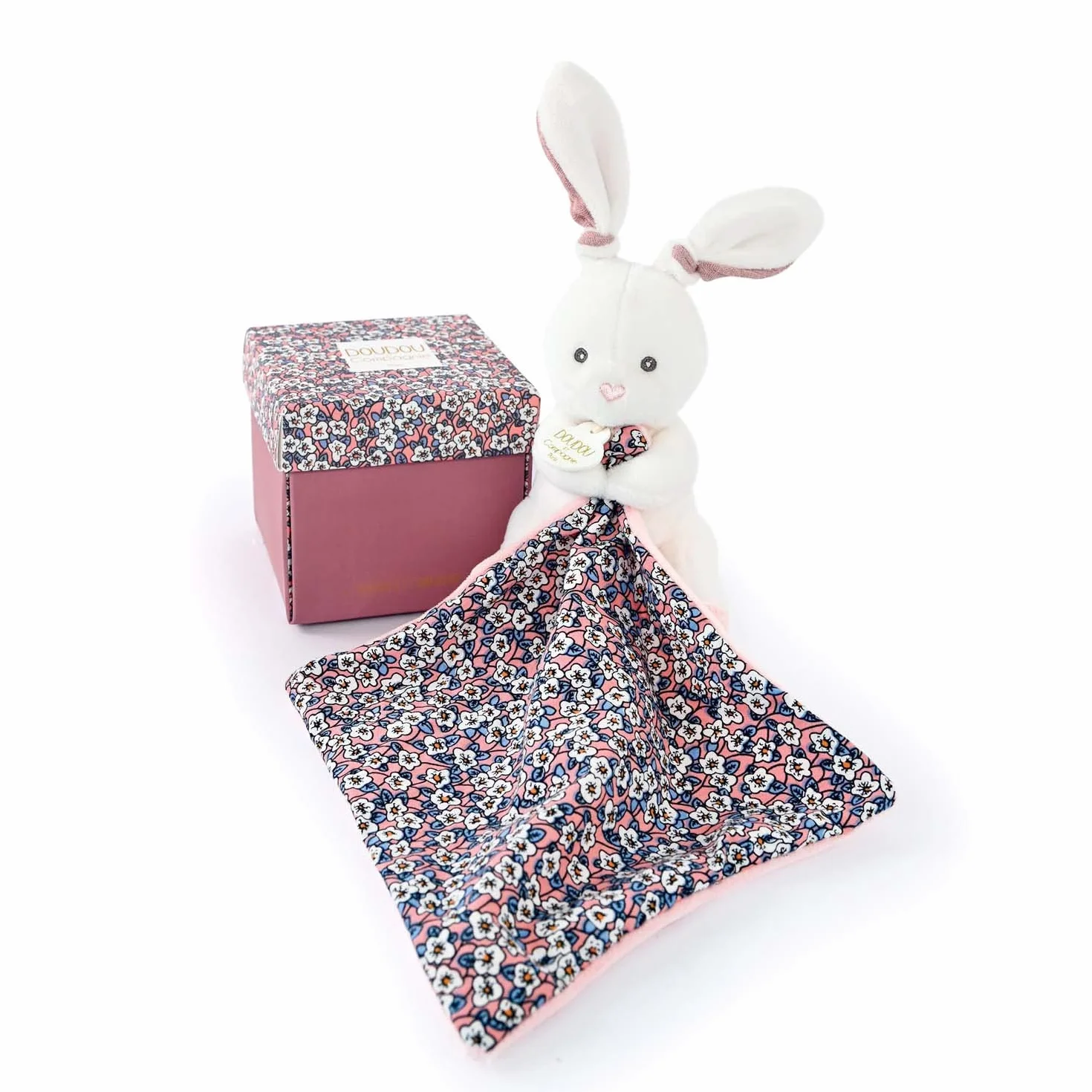 Doudou et Compagnie BOH'AIME Pantin Lapin avec Doudou Boîte en Forme de Fleur Rose Idée Cadeau de Naissance